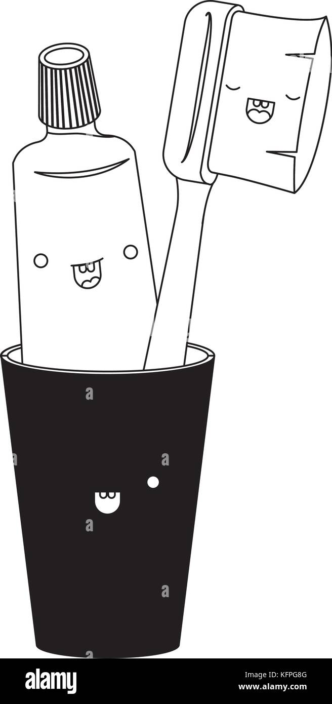 glass with toothpaste and toothbrush male kawaii in black silhouette ...