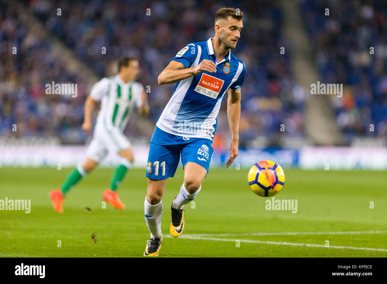 Barcelona, Spain. 30th Oct, 2017. RCD Espanyol forward Leo Baptistao (11) during the match between RCD Espanyol against Real Betis Balompie, for the round 10 of the Liga Santander, played at Cornella - El Prat Stadium on 30th October 2017 in Barcelona, Spain. Stock Photo