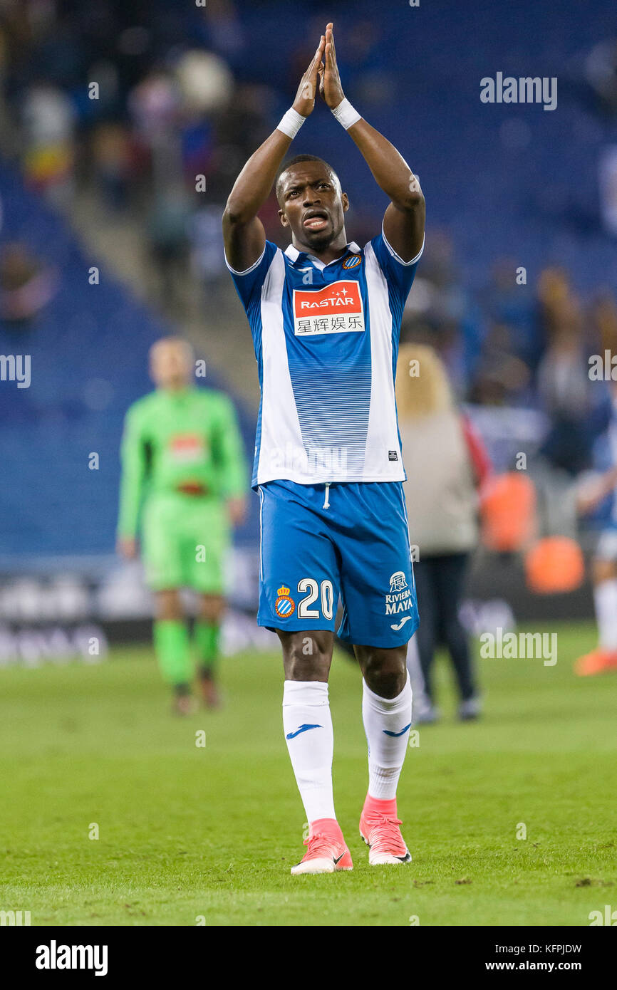 Barcelona, Spain. 30th Oct, 2017. RCD Espanyol midfielder Papakouli Diop  (20) celebrates the victory during the match between RCD Espanyol against  Real Betis Balompie, for the round 10 of the Liga Santander,