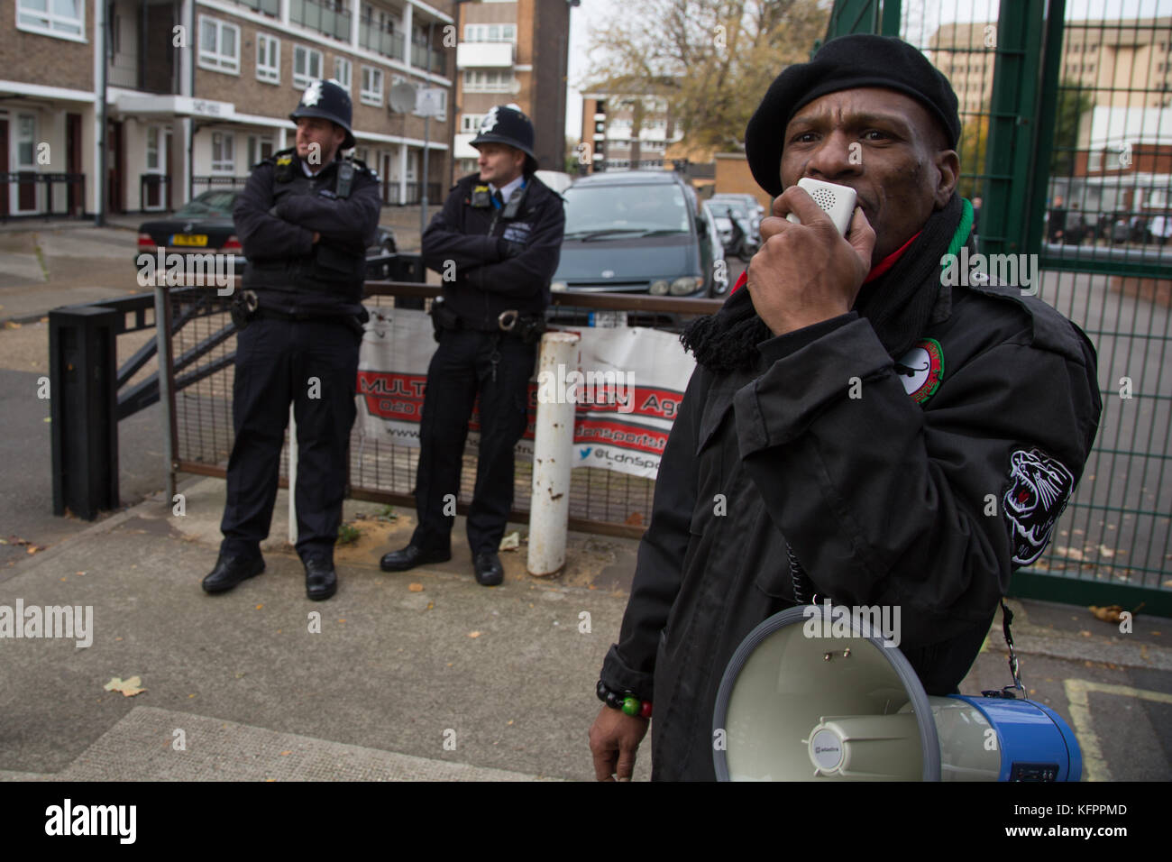 London, UK. 31st Oct, 2017. A Protester from the Black Panthers speaks outside the The Fulhams boys school which demanded a Rastafarian boy, Chikayzea Flanders, 12 cut off his dreadlocks to adhere to the uniform policy. Credit: Thabo Jaiyesimi/Alamy Live News Stock Photo