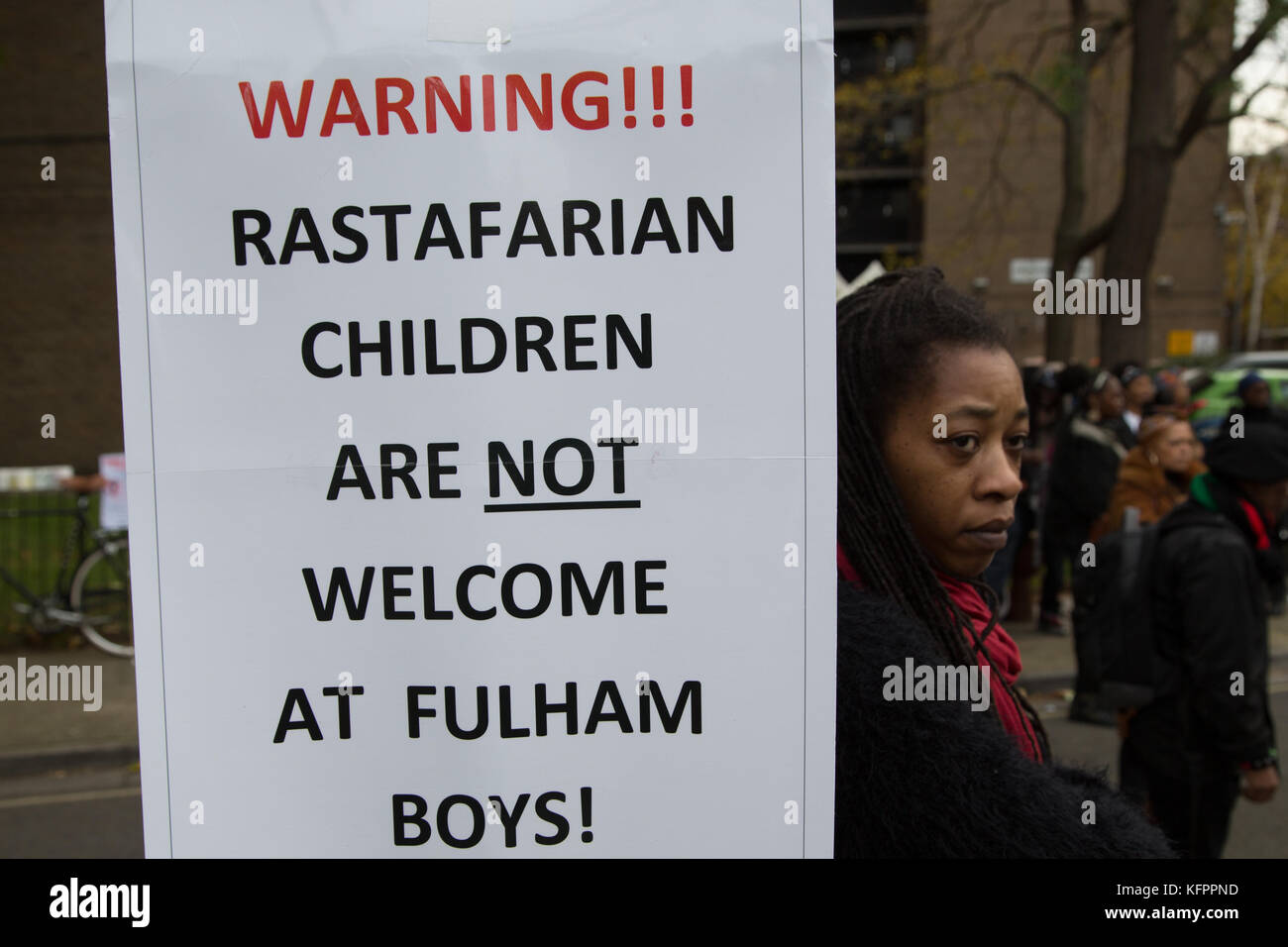 London, UK. 31st Oct, 2017. Protesters with placards outside the The Fulhams boys school which demanded a Rastafarian boy, Chikayzea Flanders, 12 cut off his dreadlocks. Credit: Thabo Jaiyesimi/Alamy Live News Stock Photo