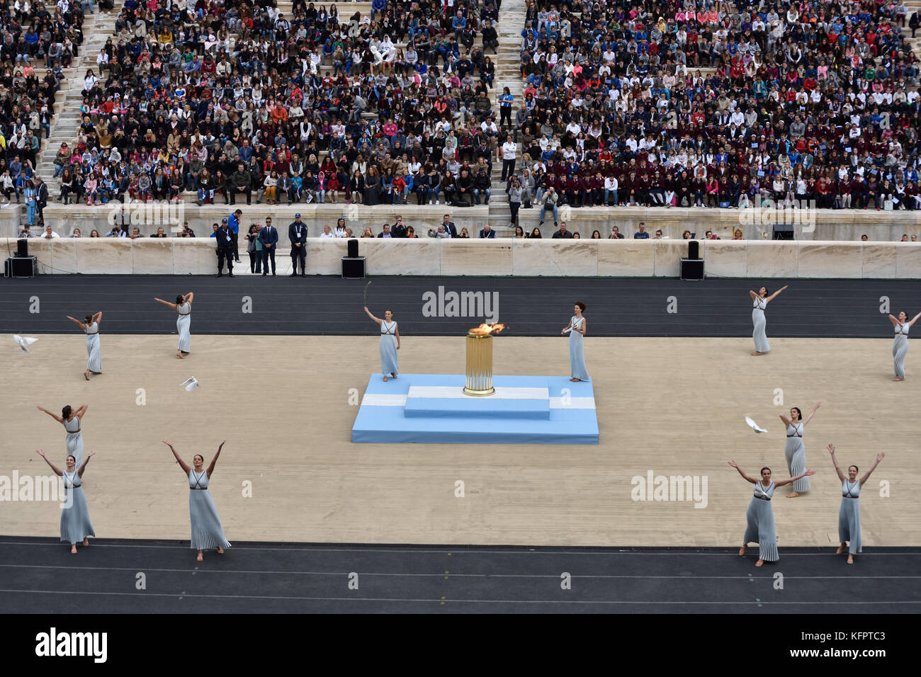 Athens, Greece, 31st October, 2017. Priestesses perform during the handover ceremony of the Olympic Flame for the PyeongChang 2018 winter Olympics  at Panathenaic Stadium  in Athens, Greece. Credit: Nicolas Koutsokostas/Alamy Live News. Stock Photo