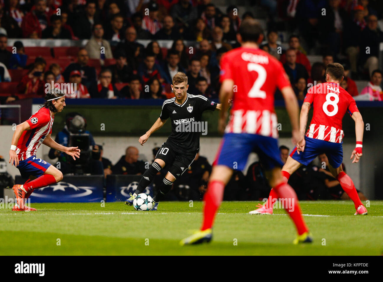 Madrid, Spain. 31st Oct, 2017. Pedro Henrique (10) Qarabag's player. Filipe Luis Kasmirski (3) Atletico de Madrid's player.Saul Niguez Esclapez (8) Atletico de Madrid's player. UCL Champions League between Atletico de Madrid vs Qarabag at the Wanda Metropolitano stadium in Madrid, Spain, October 31, 2017 . Credit: Gtres Información más Comuniación on line, S.L./Alamy Live News Stock Photo