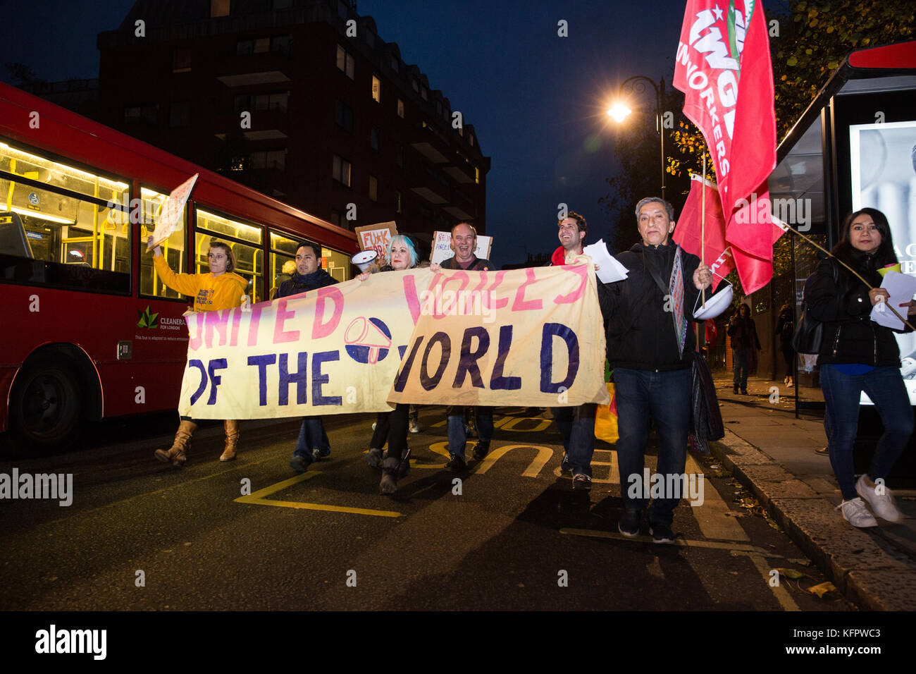 London, UK. 31st Oct, 2017. Supporters of migrant cleaners Angelica Valencia Bolanos and Fredy Lopez, suspended without pay by contractor Templewood Cleaning for having joined trade union United Voices of the World and for having voted to strike for the London Living Wage, protest in the streets around luxury car dealer H.R. Owen's Ferrari showroom in South Kensington. The cleaners, a married couple, are the only cleaners responsible for cleaning H.R. Owen's Ferrari showroom via contractor Templewood Cleaning. Credit: Mark Kerrison/Alamy Live News Stock Photo