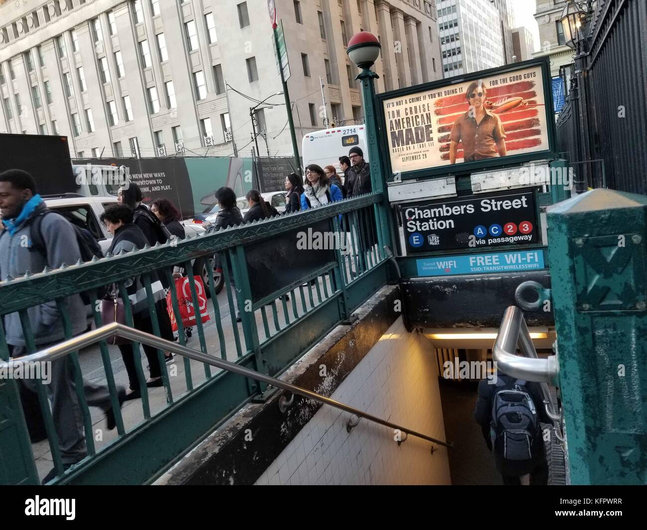 New York City, USA. 31st Oct, 2017. Subway station near World Trade Center and site of terrorist attack in NYC. A driver kills several people in a rental truck in New York City, October 31, 2017. It has been reported suspect was caught alive by police after driving a rental truck on a popular bike path along the Hudson River in the Tribeca neighborhood. Credit: Brigette Supernova/Alamy Live News Stock Photo
