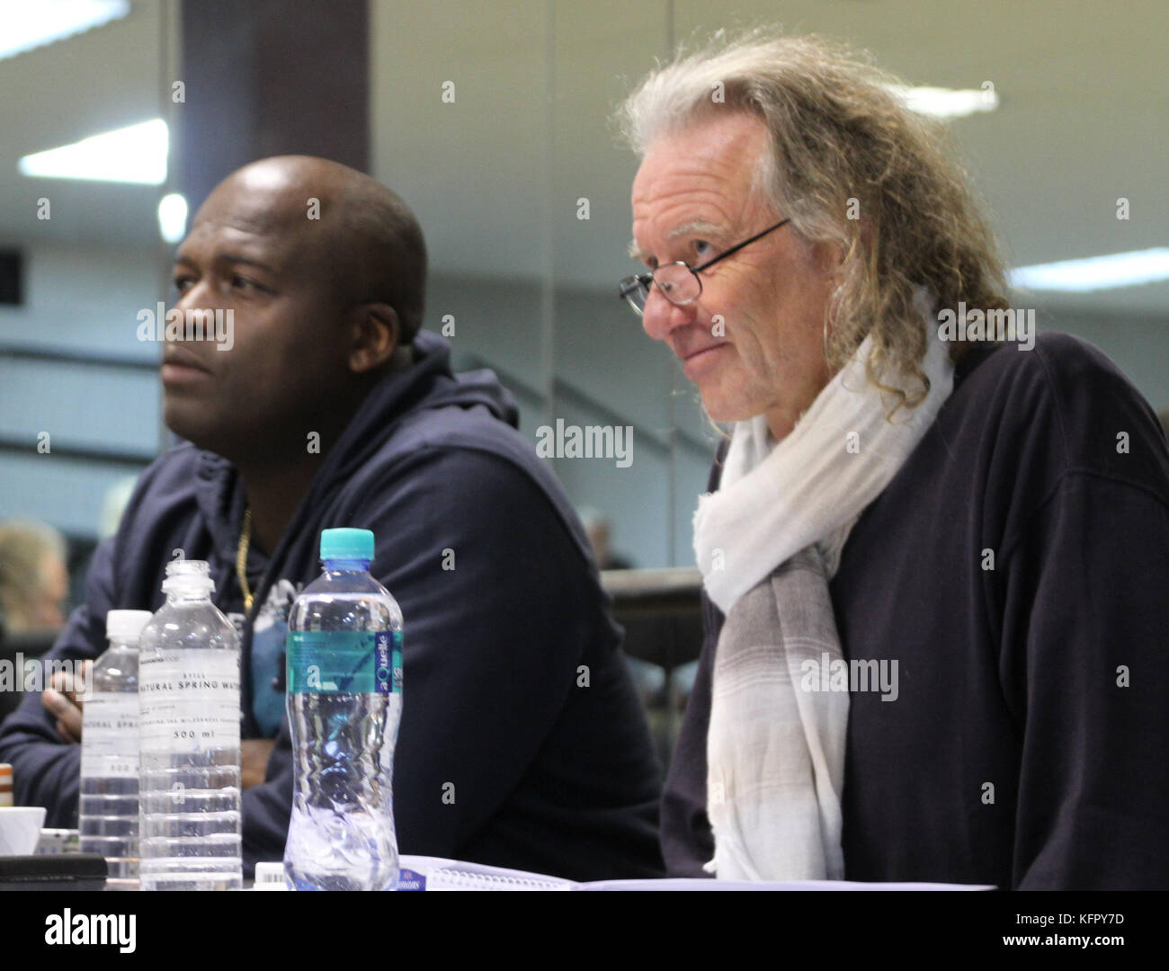 Cape Town, South Africa. 25th Sep, 2017. The artistic head Winston Ruddle (L) and producer Hubert Schober can be seen during a casting for the circus show 'Afrika! Afrika!' speaks during the casting of you talents in Cape Town, South Africa, 25 September 2017. The popular circus show by artist André Heller will restart in January 2018. Credit: Kristin Palitza/dpa/Alamy Live News Stock Photo