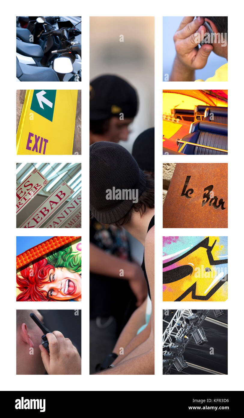 Collage of places and lifestyle elements in the city Stock Photo