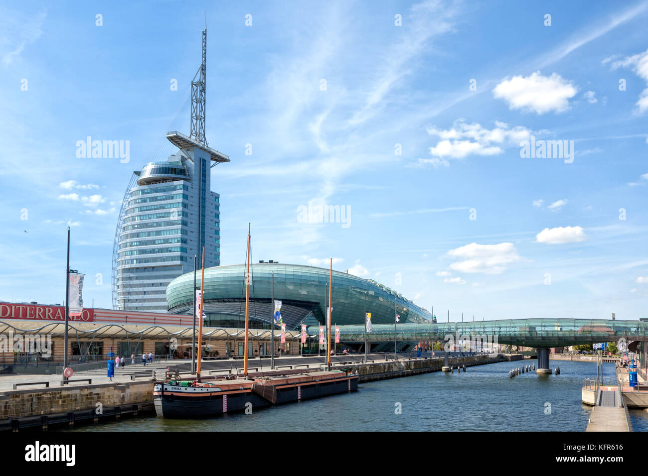 Mediterraneo shopping centre, Atlantic Hotel Sail City and Klimahaus Bremerhaven buildings at Bremerhaven city center, Bremen, Germany Stock Photo