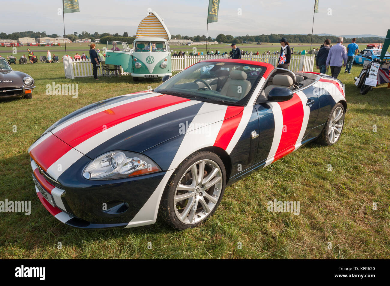 Dunsfold, UK - August 26, 2017: Special edition Jaguar XK drop-top convertible with GB flag paintwork at a gathering of vintage vehicles in Dunsfold,  Stock Photo