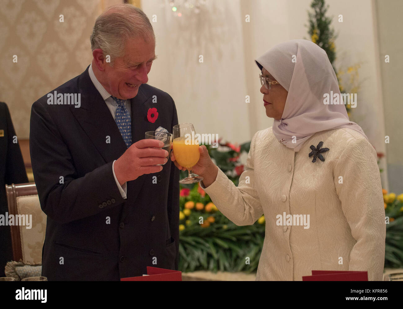 The Prince of Wales shares a toast with Singapore's President Halimah Yacob during an official reception at the Presidential Palace in Singapore at the start of an 11-day autumn tour of Asia. Stock Photo