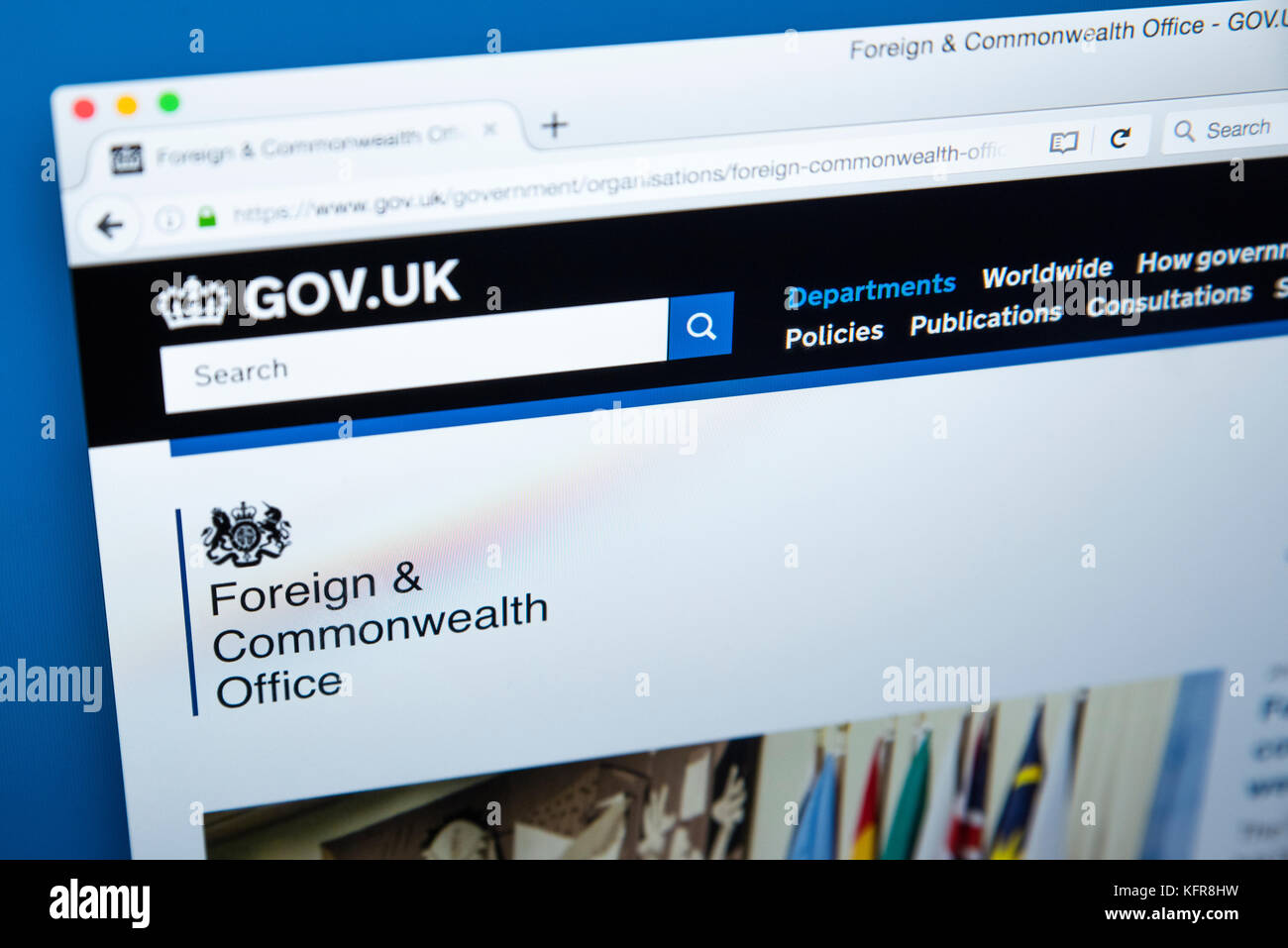 LONDON, UK - OCTOBER 30TH 2017: The homepage of the Foreign and Commonwealth Office on the UK Government website, on 30th October 2017. Stock Photo