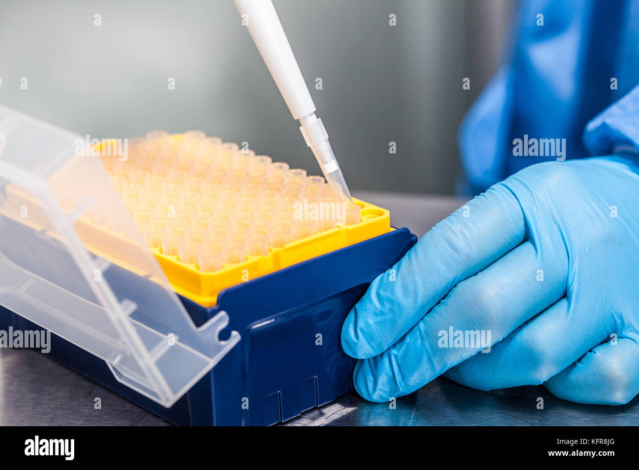 Scientist attaching a disposable tip to a micropipette Stock Photo Alamy