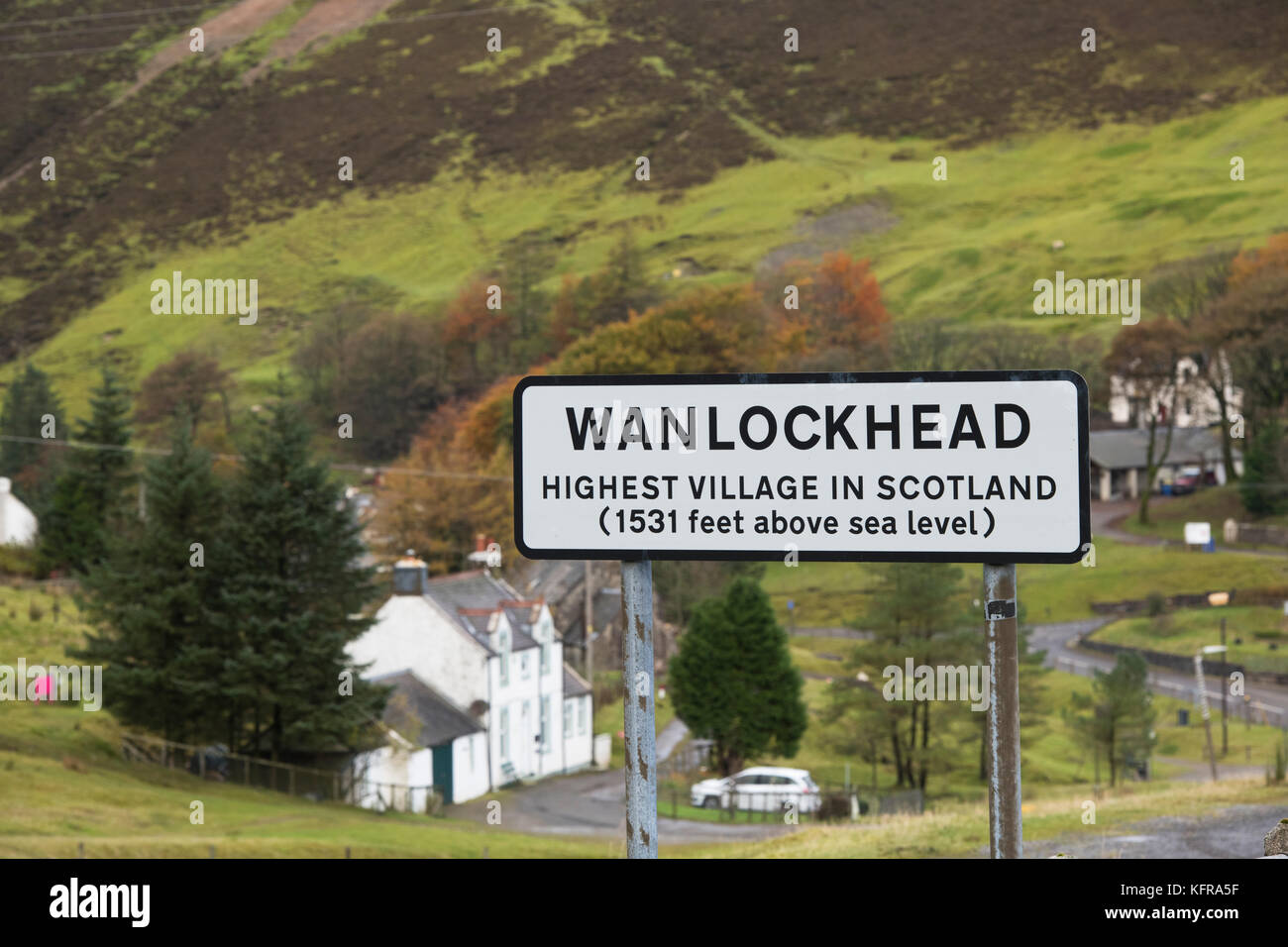 Wanlockhead village sign, Scotlands highest village. Dumfries and Galloway, Scottish borders, Scotland. Stock Photo
