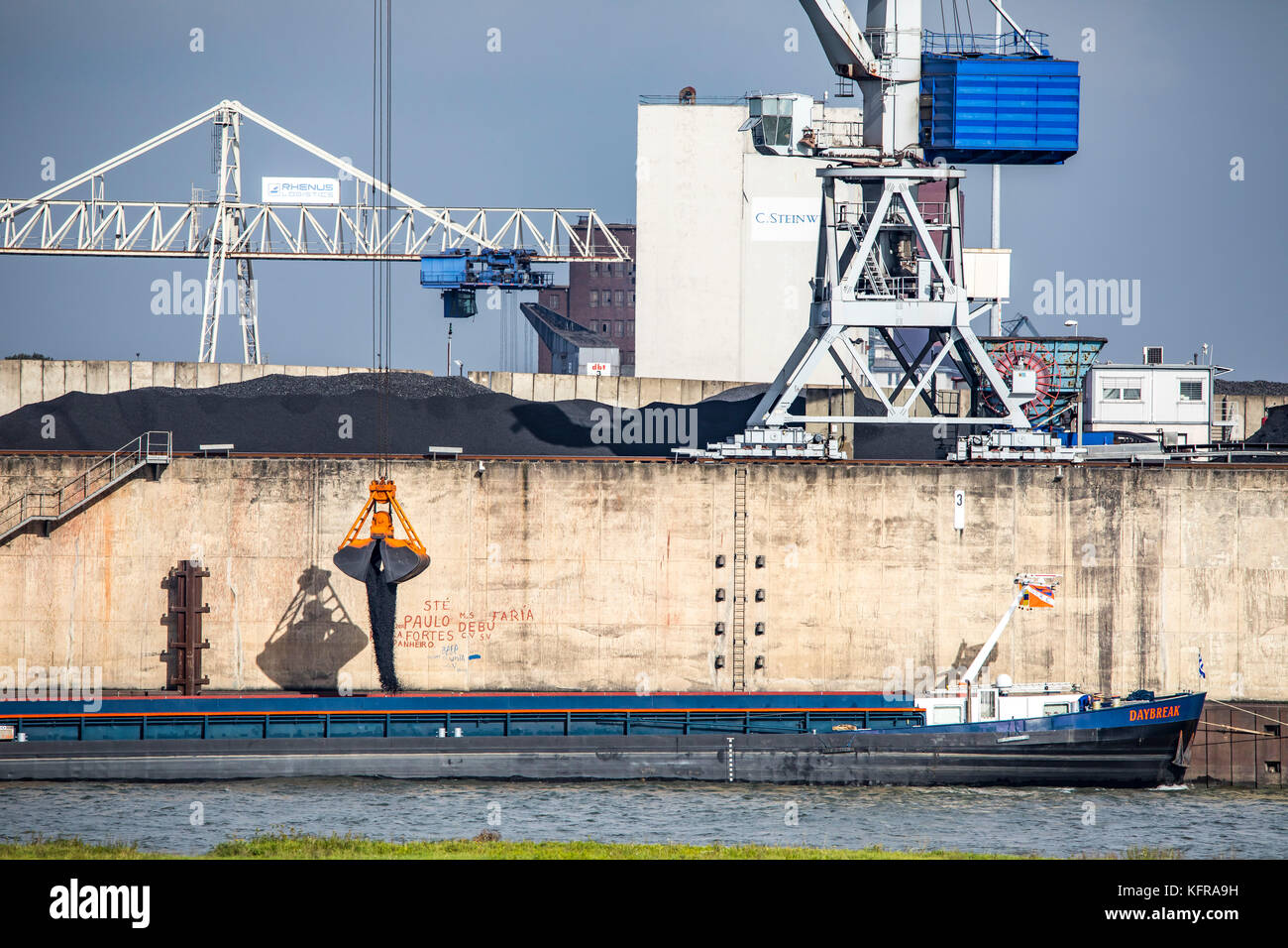 Duisburg ports, Rheinkai Nord, outer harbor, on the Rhine, Duisburg, loading of imported coal, Stock Photo