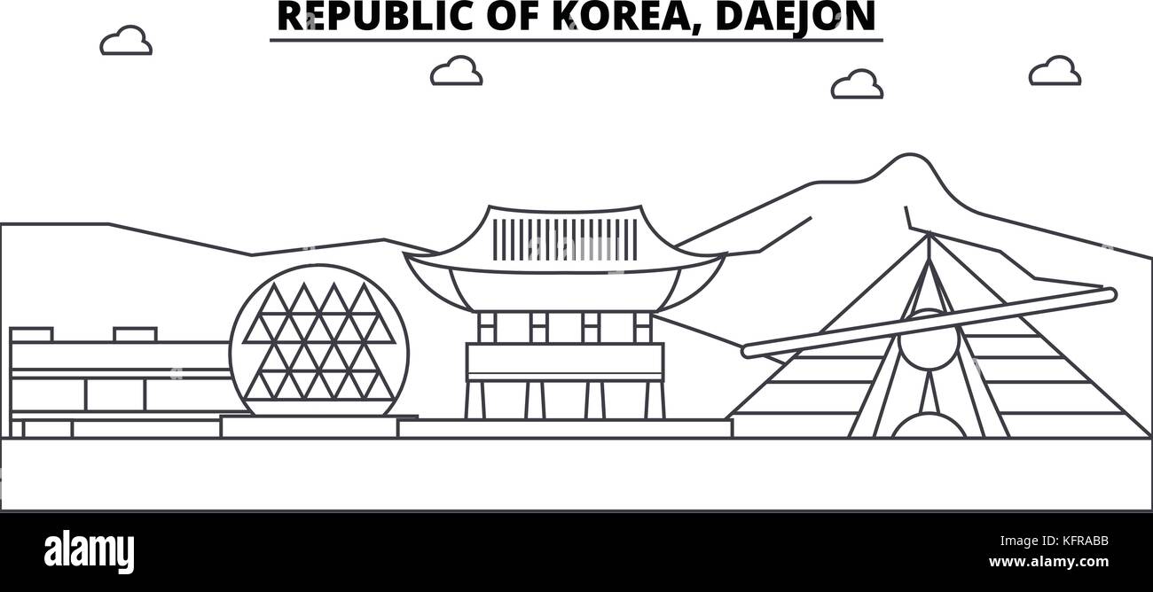Republic Of Korea, Daejon architecture skyline buildings, silhouette, outline landscape, landmarks. Editable strokes. Urban skyline illustration. Flat design vector, line concept Stock Vector
