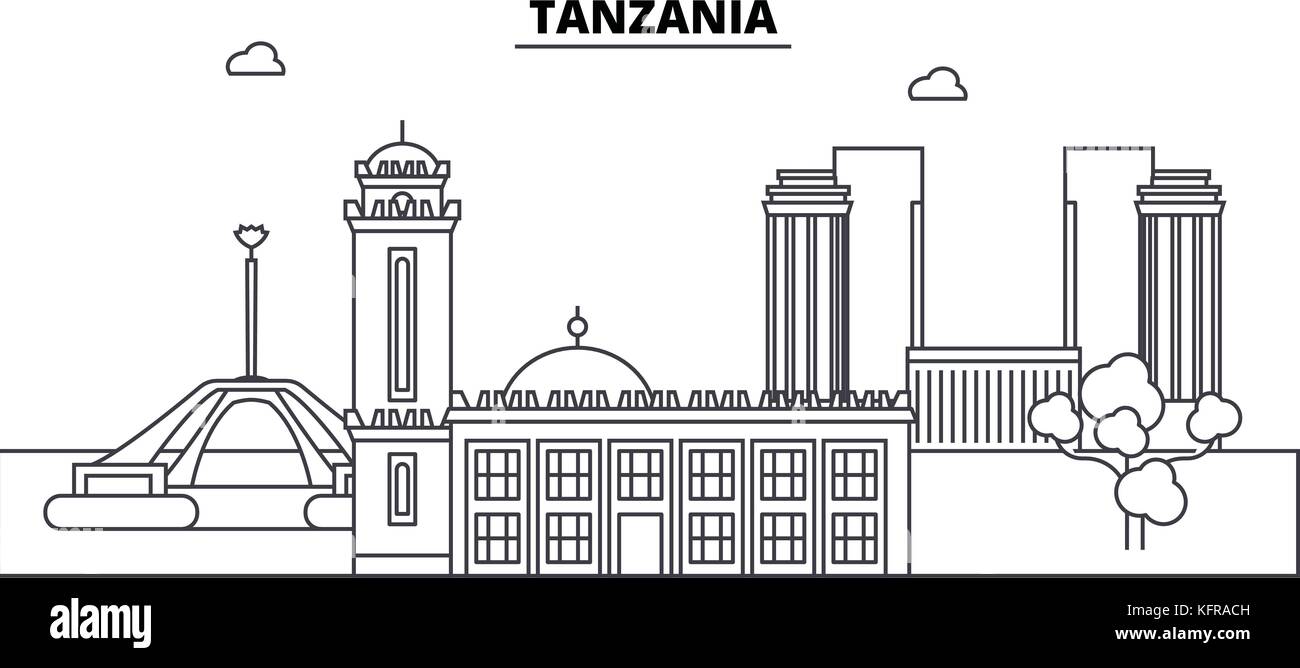 Tanzania architecture skyline buildings, silhouette, outline landscape, landmarks. Editable strokes. Urban skyline illustration. Flat design vector, line concept Stock Vector