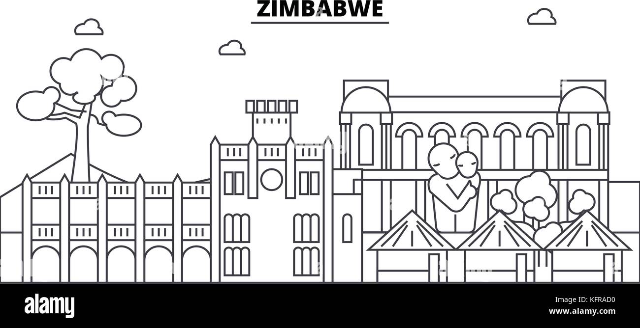 Zimbabwe architecture skyline buildings, silhouette, outline landscape, landmarks. Editable strokes. Urban skyline illustration. Flat design vector, line concept Stock Vector