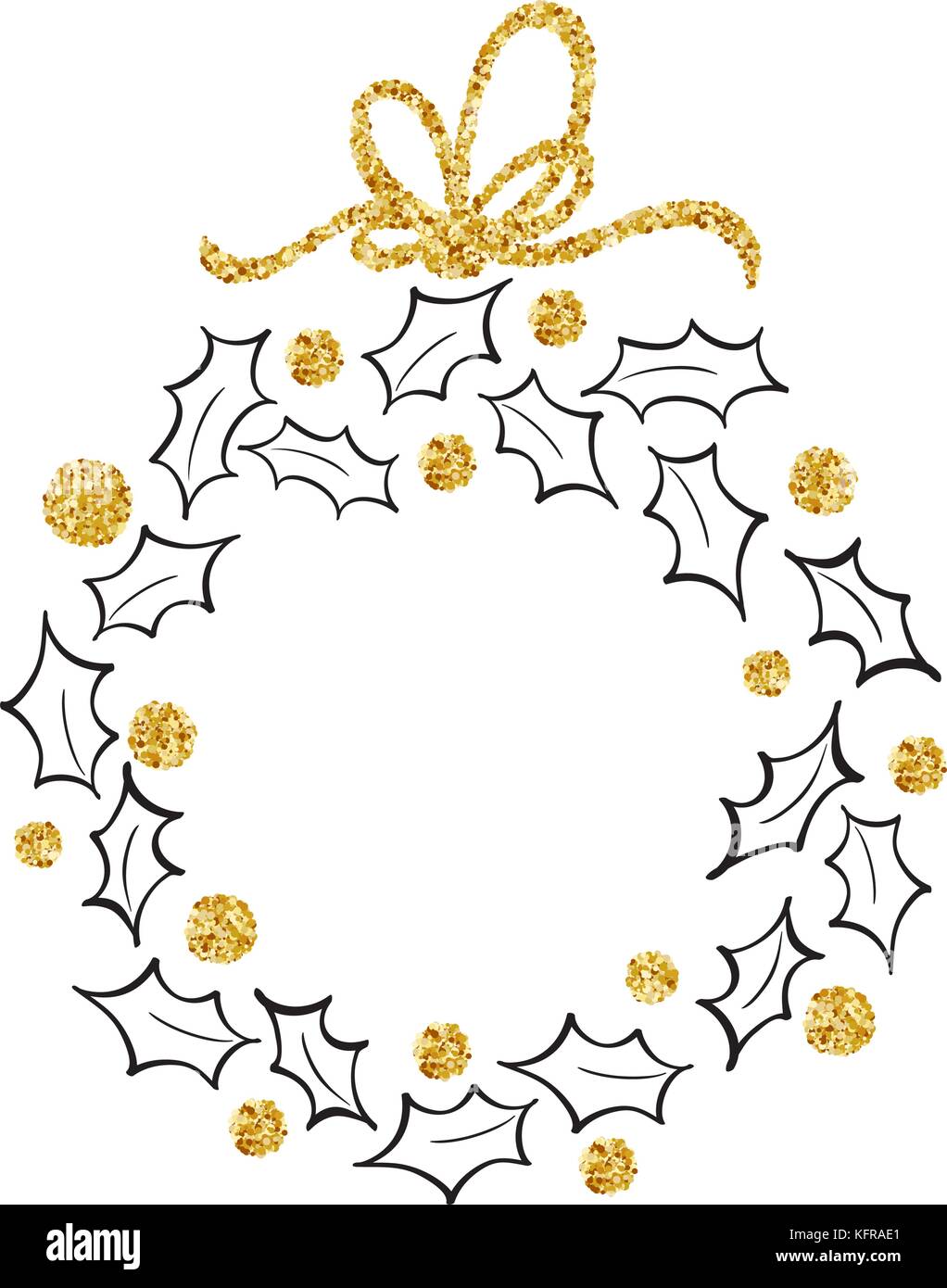 Round frame of Doodle Christmas wreath ilex with gold bow Stock Vector