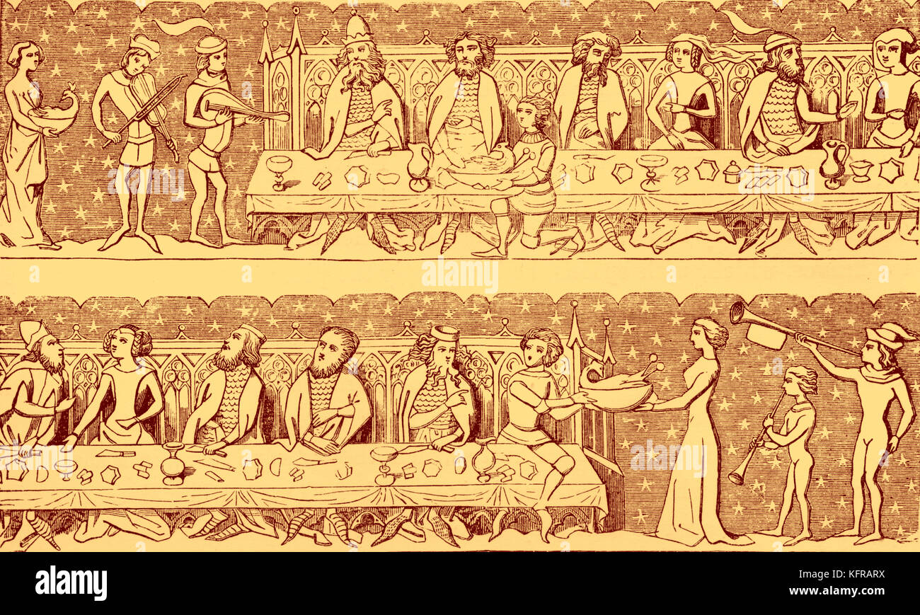 State banquet from the fifteenth century, with the service of dishes brought in to the sound of musical instruments. Reproduced from a miniature. Stock Photo