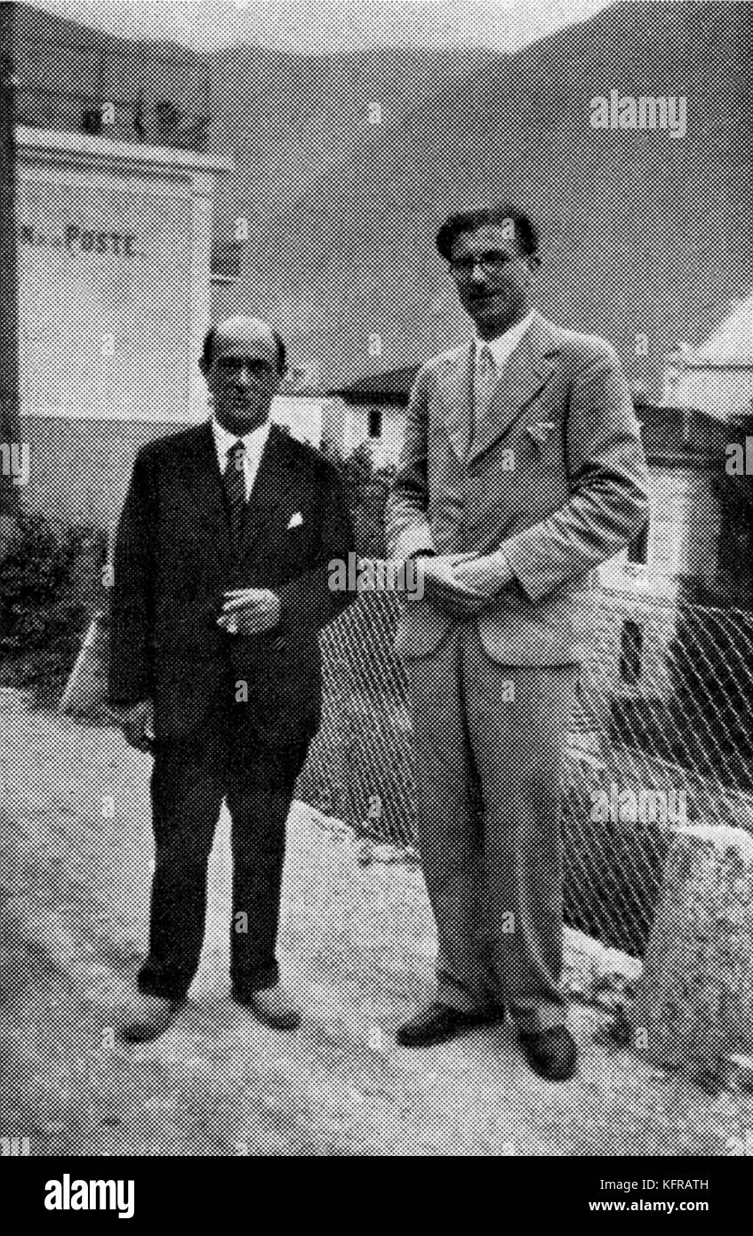 Arnold Schönberg and Winfried Zillig - 1931, Lugano, Switzerland. WZ: German composer, music theorist and conductor, 1 April 1905 – 18 December 1963. AS: Austrian composer, 13 April 1874 - 13 July 1951. Stock Photo