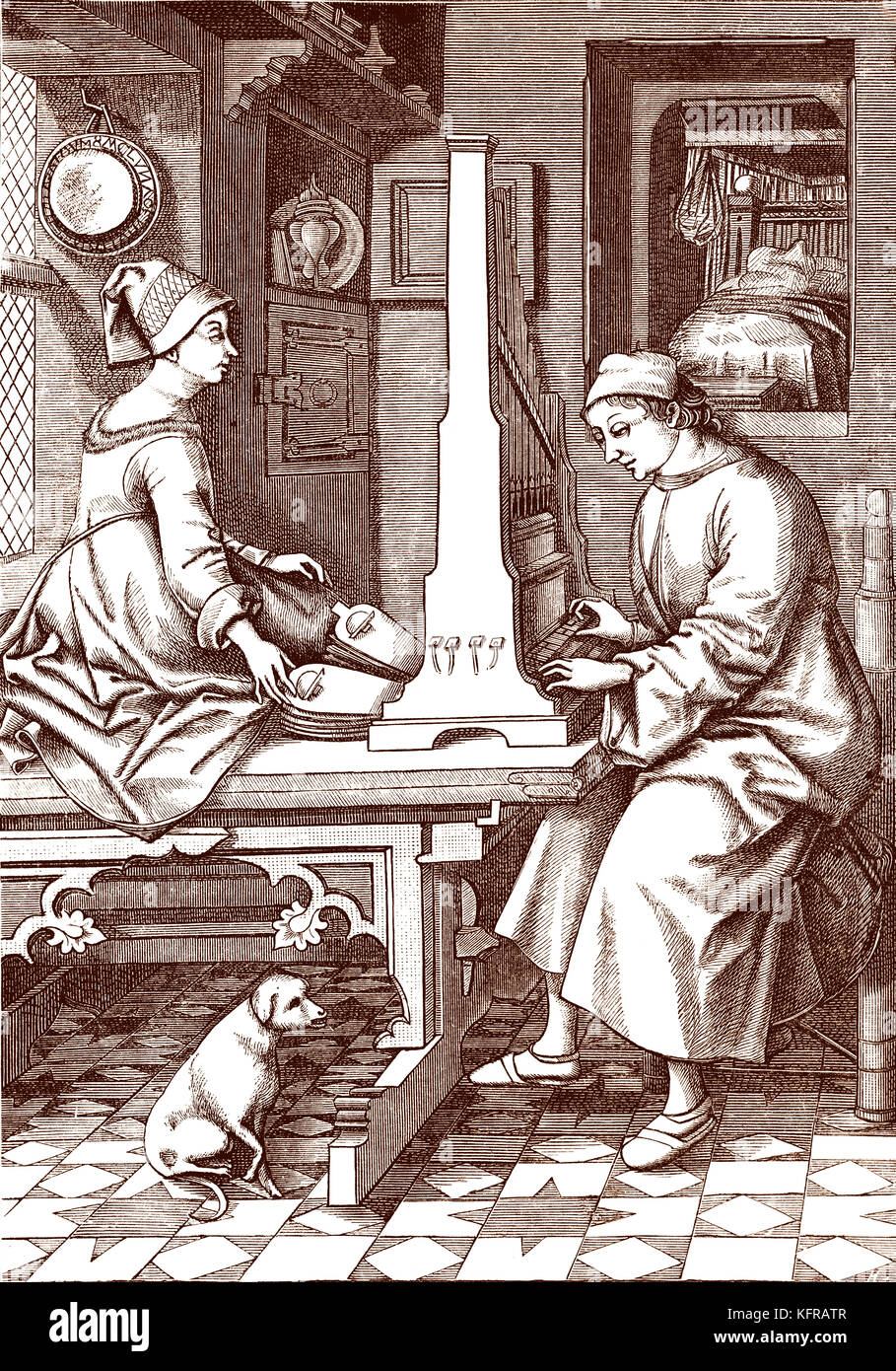 Organist playing a portable organ, reproduced from the original engraving by Israel van Meckenem. (also Israhel) German printer and goldsmith, c. 1445 – 1503. Stock Photo