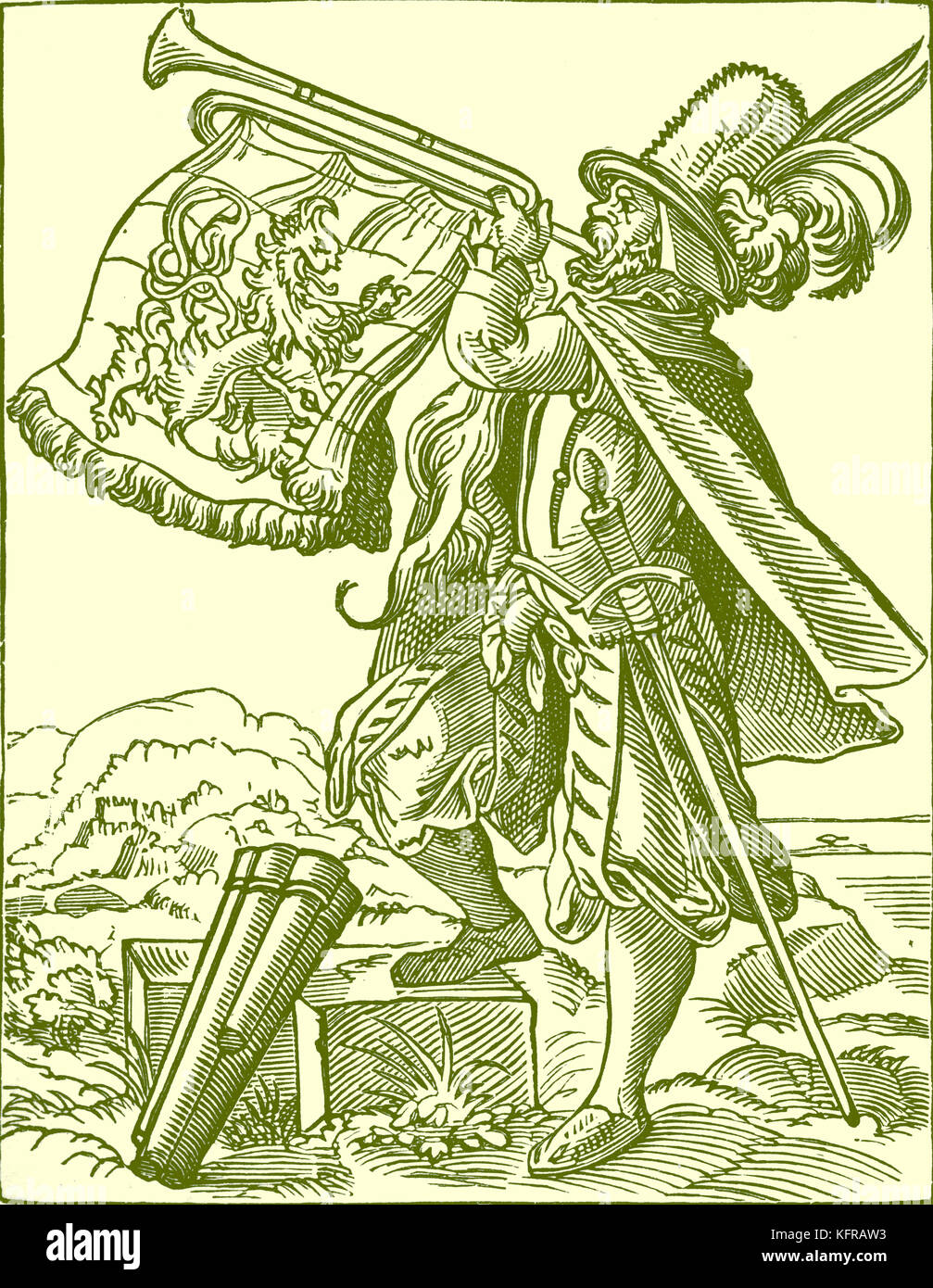 German playing a military trumpet by Jost Amman, reproduced from a sixteenth century engraving. Swiss artist, 13 June, 1539 - 17 March, 1591. Stock Photo