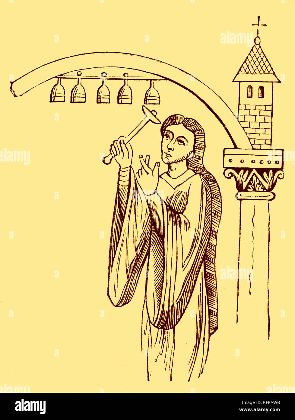 Bell player, reproduced from a ninth century manuscript. Stock Photo