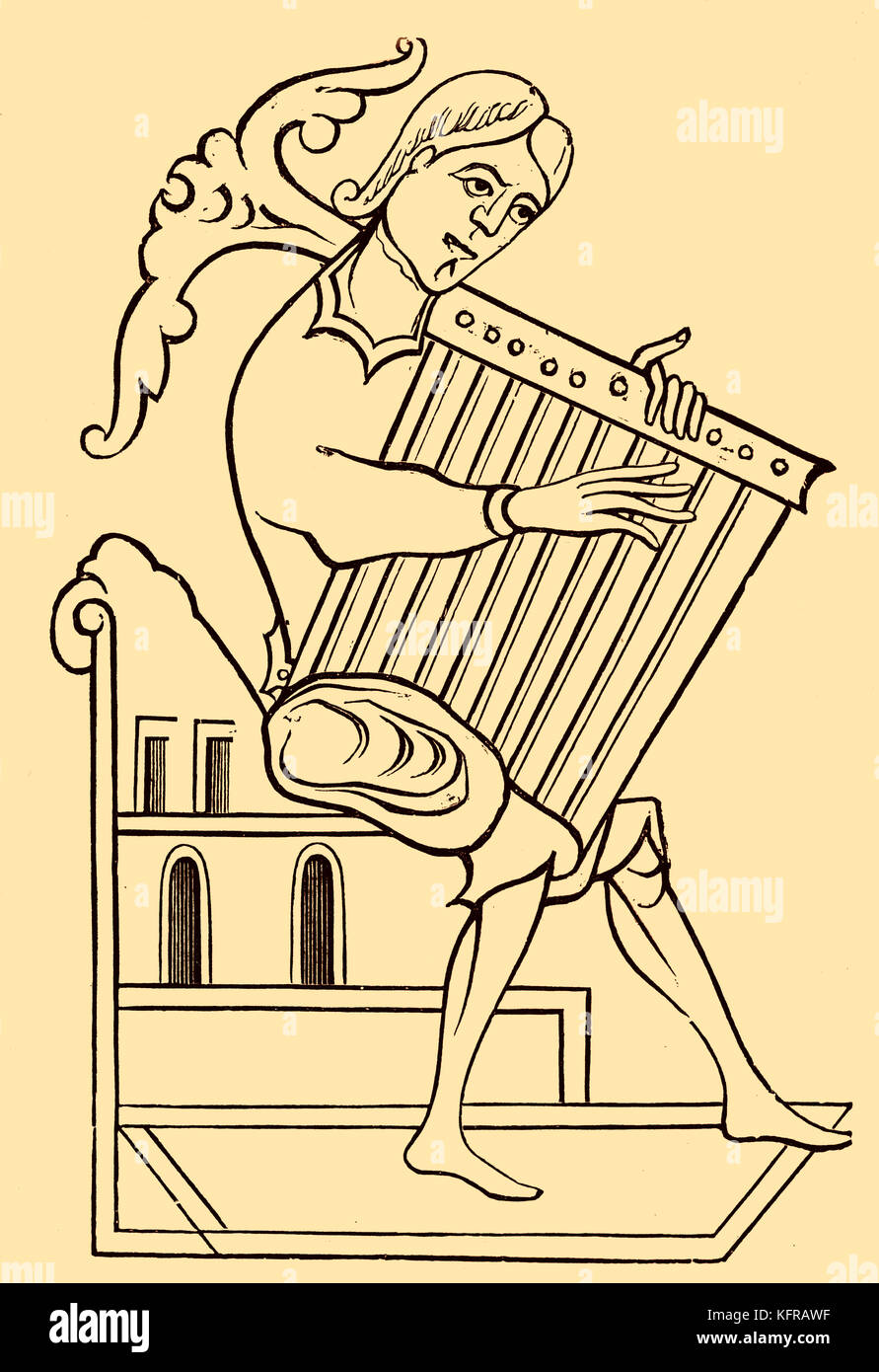 Psaltery, reproduced from a ninth century manuscript. A stringed instrument from the harp and zither family, the psaltery dates from at least 2800 BC. Stock Photo