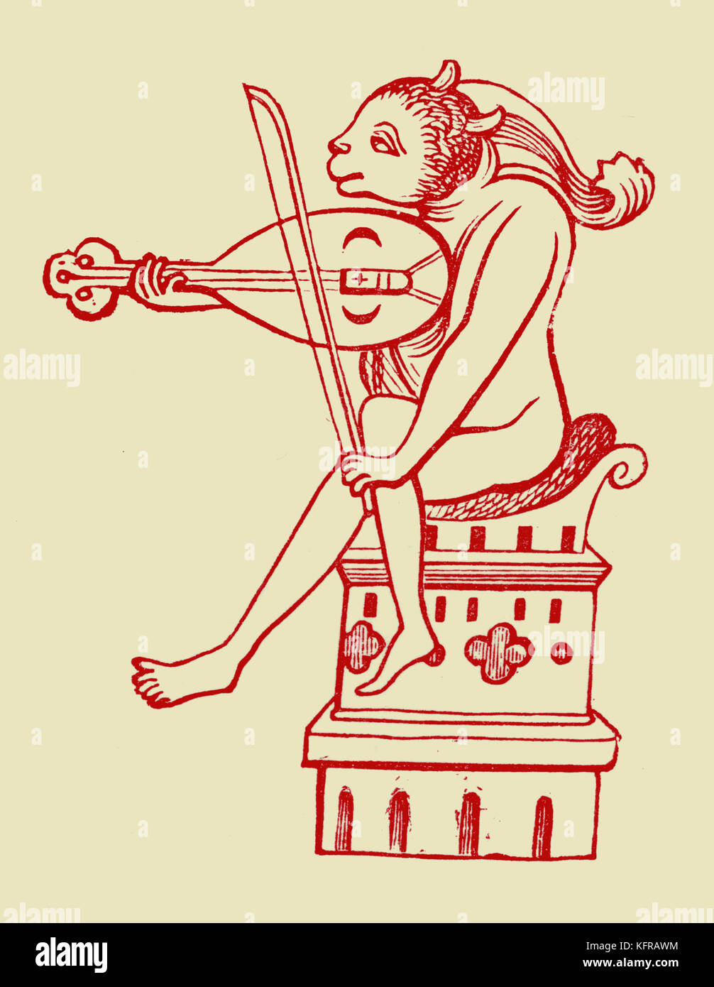 Vielle with three strings, reproduced from a thirteenth century illustration of a sculpture on the Cathedral of Amiens. The vielle is a bowed stringed instrument, with a longer and deeper body than the violin. It was popular throughout Europe in the medieval period. Stock Photo