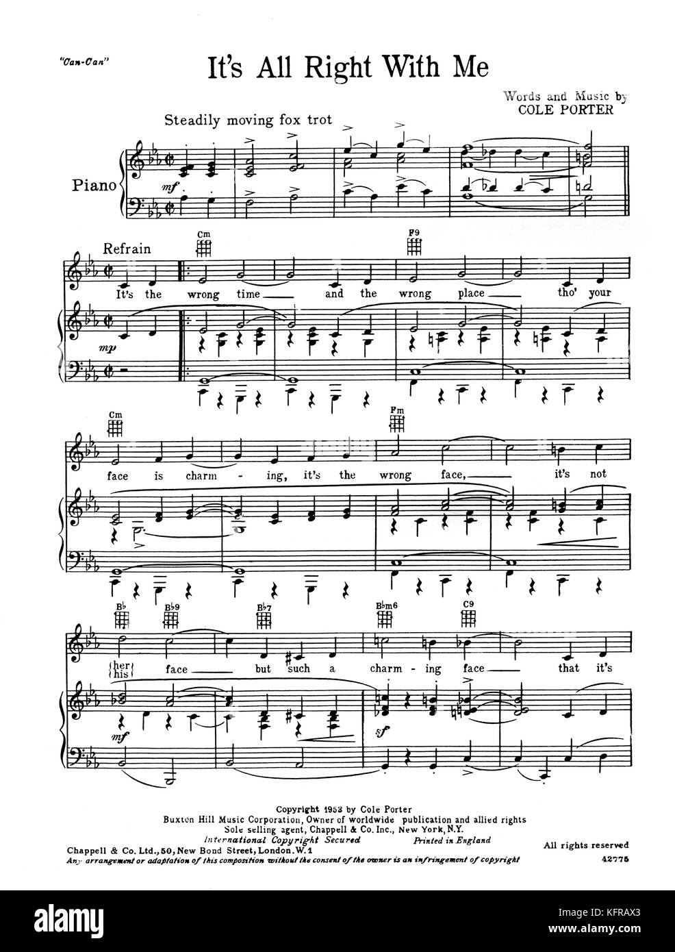 Score for 'It's All Right With Me' by Cole Porter from the 1953 musical, 'Can-Can'. The song was also used in the 1998 musical 'High Society', and has been performed by the likes of Ella Fitzgerald, Frank Sinatra and Tom Waits. CP: American composer and songwriter, 9 June, 1891 – 15 October, 1964. Stock Photo