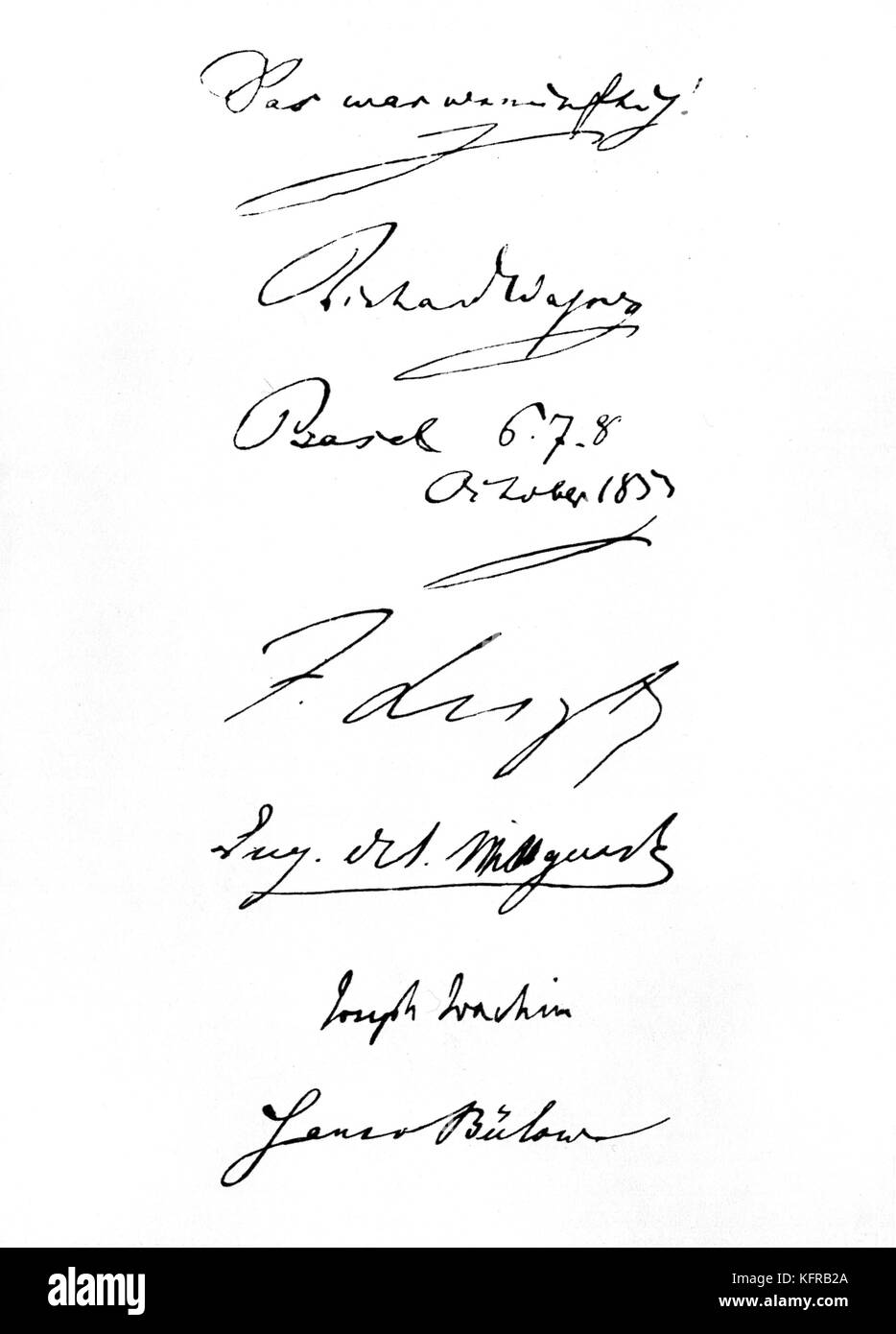 Princess Carolyne von Sayn-Wittgenstein 's album - souvenir page of signatures. In October 1853, Sayn- Wittgenstein, her daughter Marie, Franz Liszt and Joachim and Hans von Bülow met Richard Wagner in Basel.  CSW: Polish noblewoman and writer, partner of Franz Liszt,  8  February 1819 – 9  March 1887. FL: Hungarian pianist and composer,  22 October 1811 - 31 July 1886. RW: German composer & author, 22 May 1813 - 13 February 1883. Stock Photo