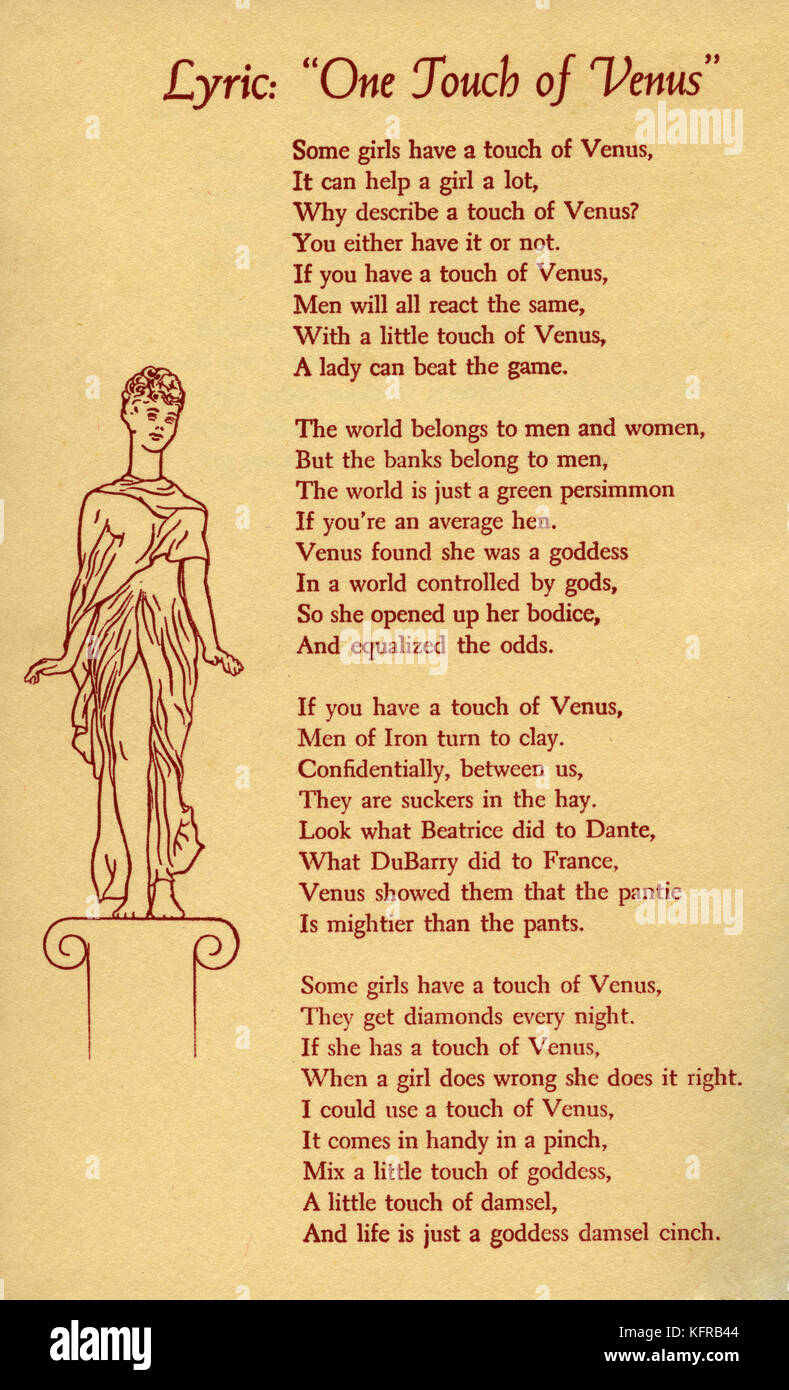 One Touch of Venus, musical composed by Kurt Weil, lyrics by Ogden Nash.  Taken from book by S. J. Perelman and Ogden Nash. KW - 2 March 1900 - 3 April 1950. OG - 19 August 1902 – 19 May 1971. Stock Photo