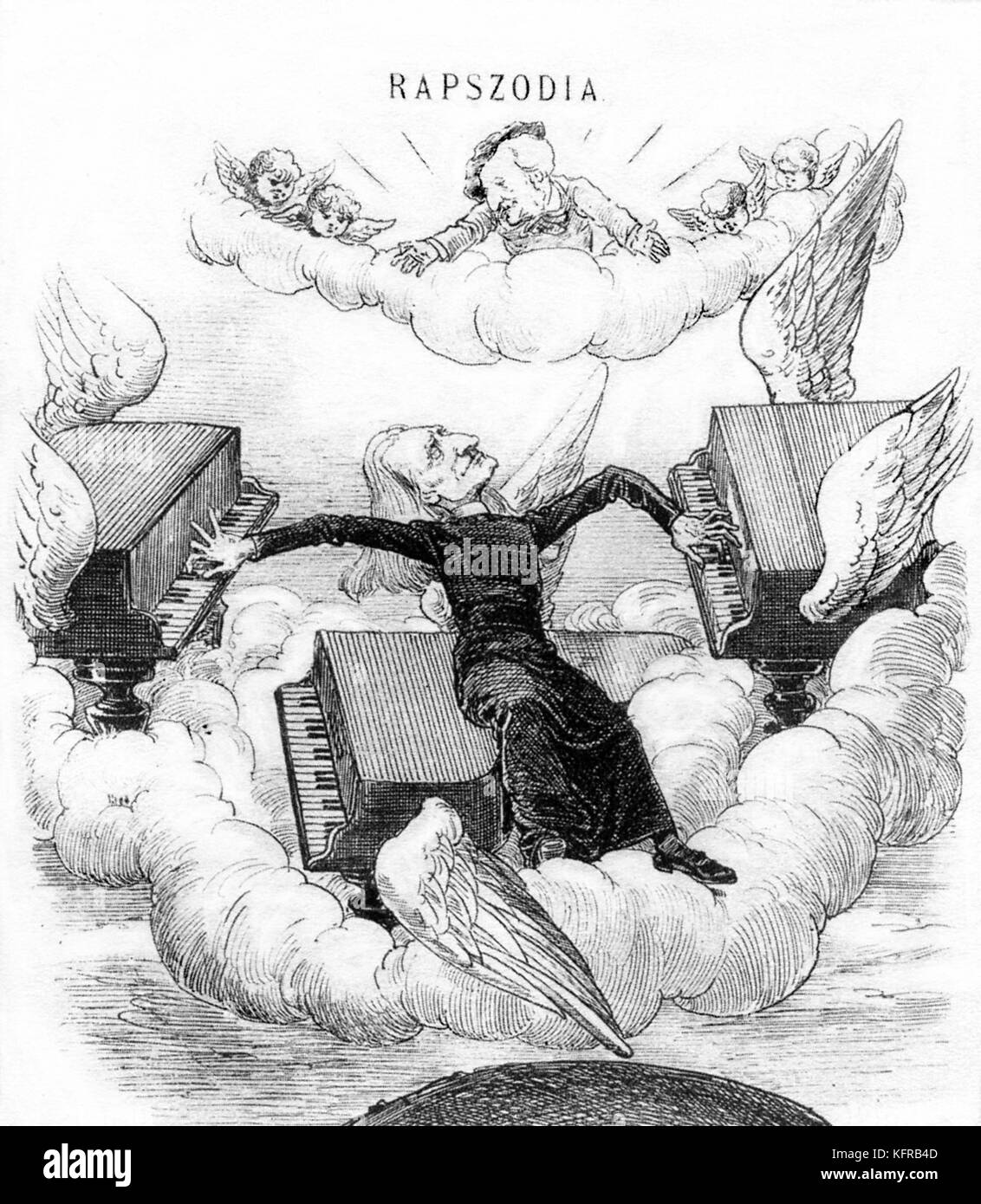 'Rhapsody' - Franz Liszt caricature. Showing Liszt at piano, with Wagner above encouraging Saint Peter to let him into heaven. Published in Borsszem Janko, 8 August 1886. FL: Hungarian pianist and composer, 22 October 1811 - 31 July 1886. RW: German composer & author, 22 May 1813 - 13 February 1883. Stock Photo