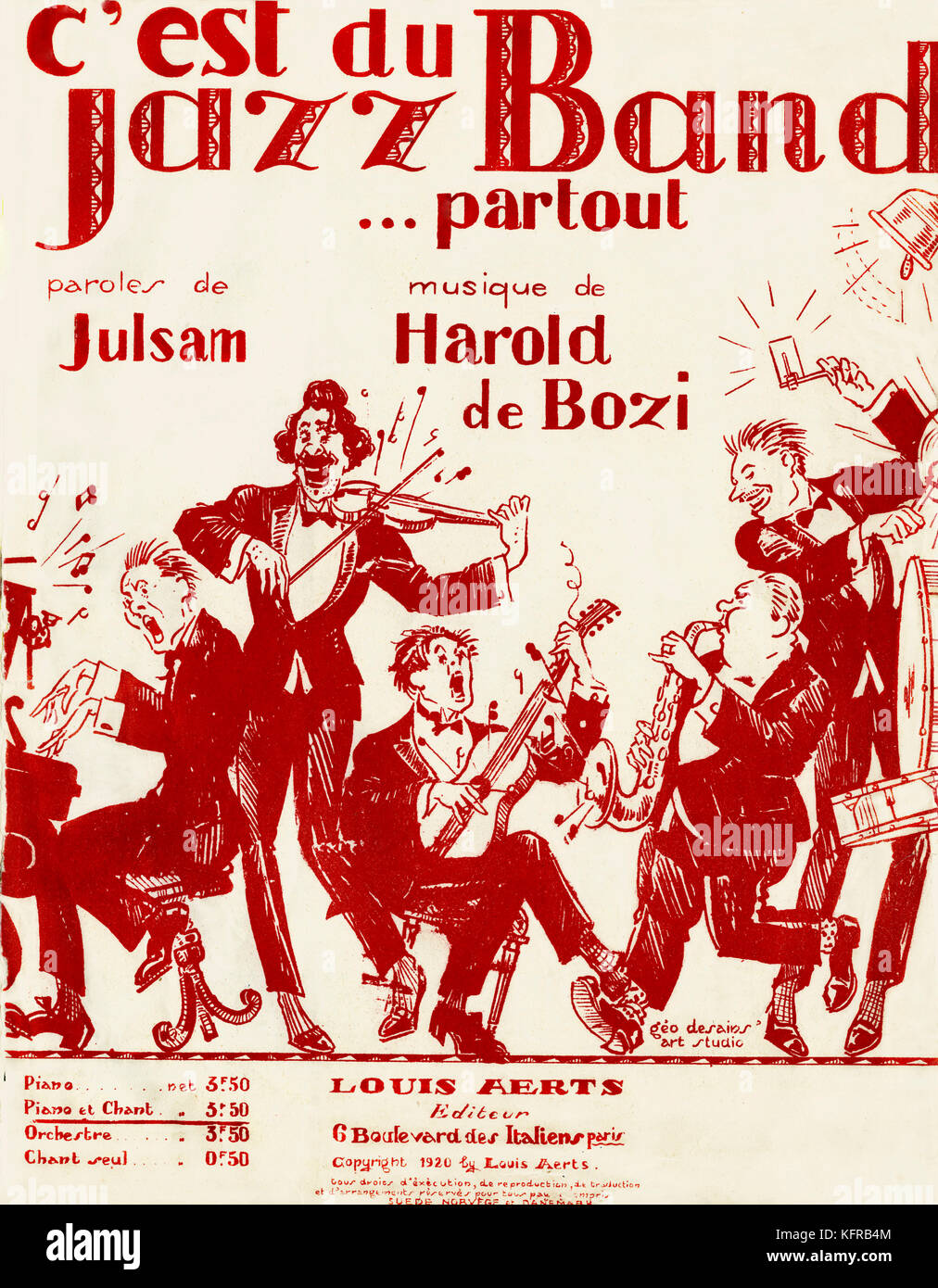 Jazz Band…partout! - score cover.  Music by Harold de Bozi, lyrics by Julsam. Published by Louis Aerts, Paris, 1920. Designed by Geo Desains art studio. Stock Photo