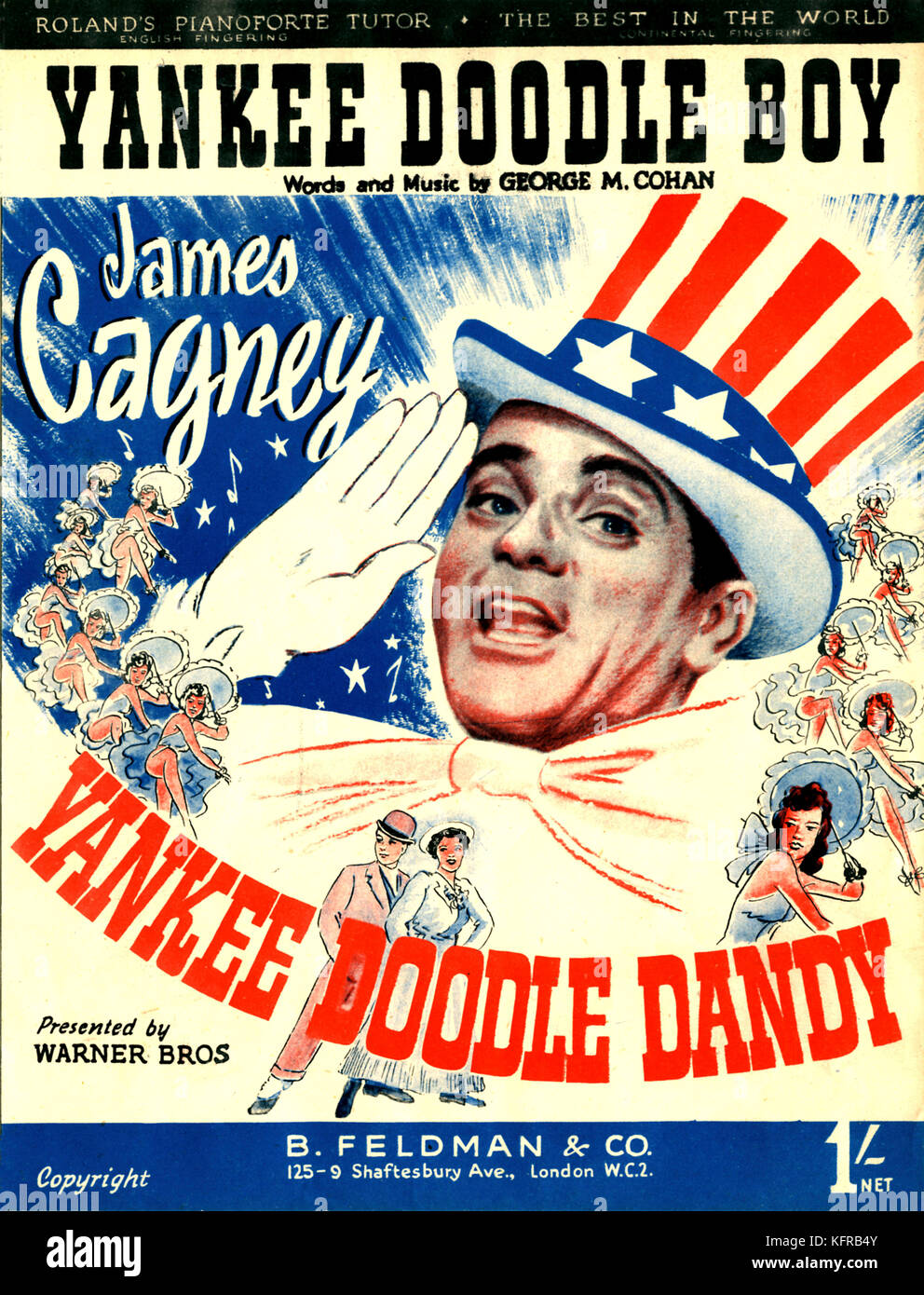 Yankee Doodle Boy by George M. Cohan - score cover. Patriotic song from 1942 American biographical musical film Yankee Doodle Dandy,  based on Broadway musical.  Shows James Cagney as Yankee Doodle Dandy. Produced by Warner Brothers studios.  GC: American playwright, lyricist and entertainer, 3 July 1878 – 5 November  1942. JC: American film actor, 17 July 1899 – 30 March  1986. Stock Photo