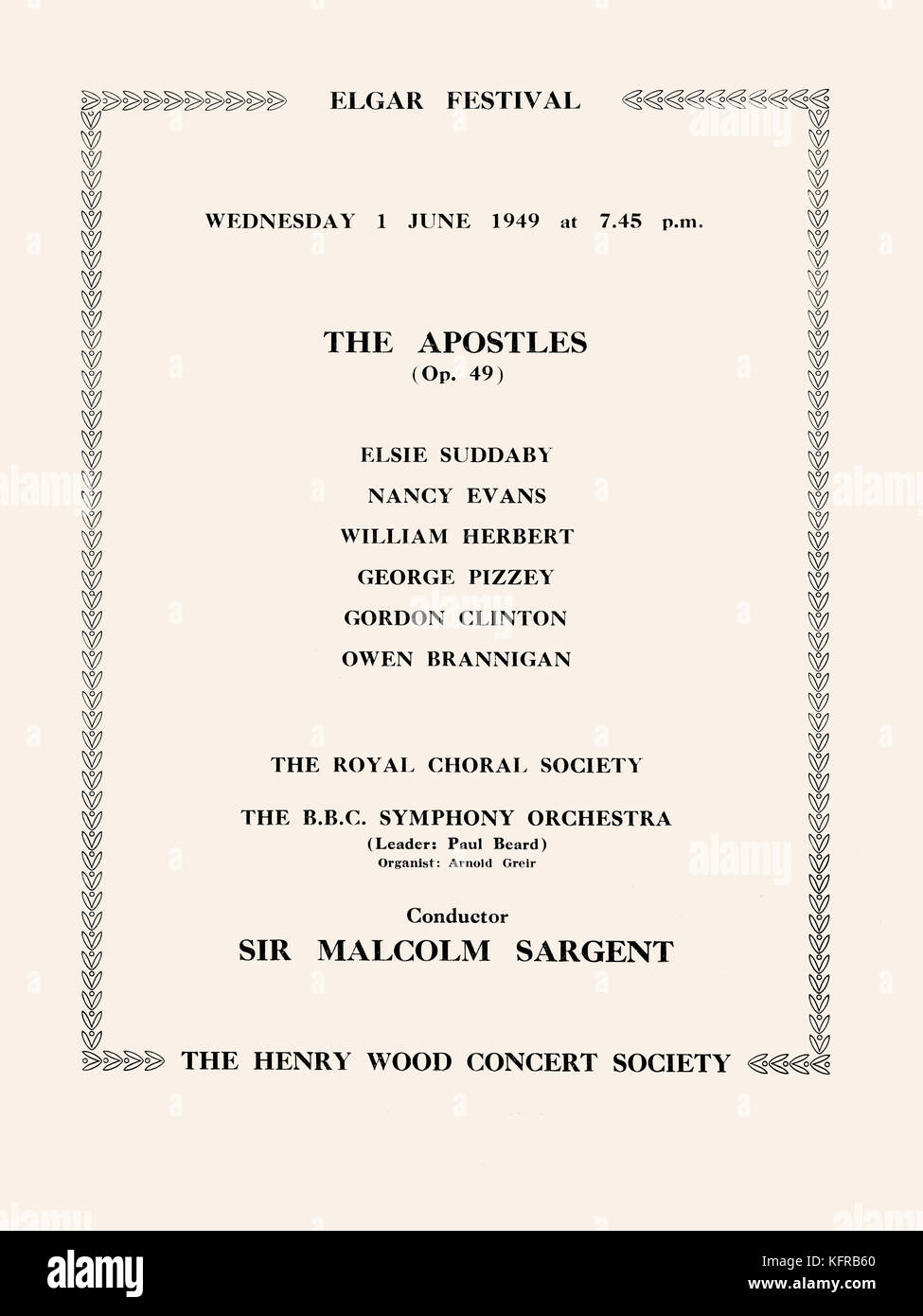 Edward Elgar's 'The Apostles performed at Elgar Festival at the Royal Albert Hall 30 May - 15 June 1949, Henry Wood Concert Society. With singers Elsie Suddaby, Owen Brannigan, Nancy Evans, William Herbert, George Pizzey, Gordon Clinton. Conducted by Sir Malcolm Sargent.    English composer, 2 June 1857 -23 February 1934. Stock Photo
