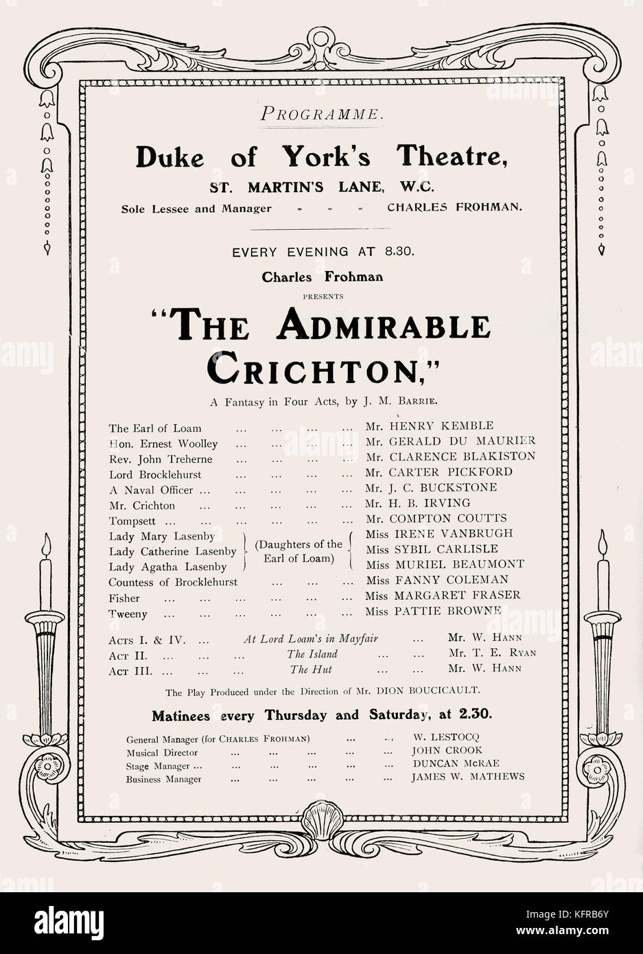The Admiral Crichton by J.M. Barrie, c. 1902. Programme for the production at the Duke of York Theatre, London, which opened on the 4th November 1902. J.M. Barrie: Scottish dramatist and author,  b. 9 May 1860 - d. 19 June 1937 Stock Photo