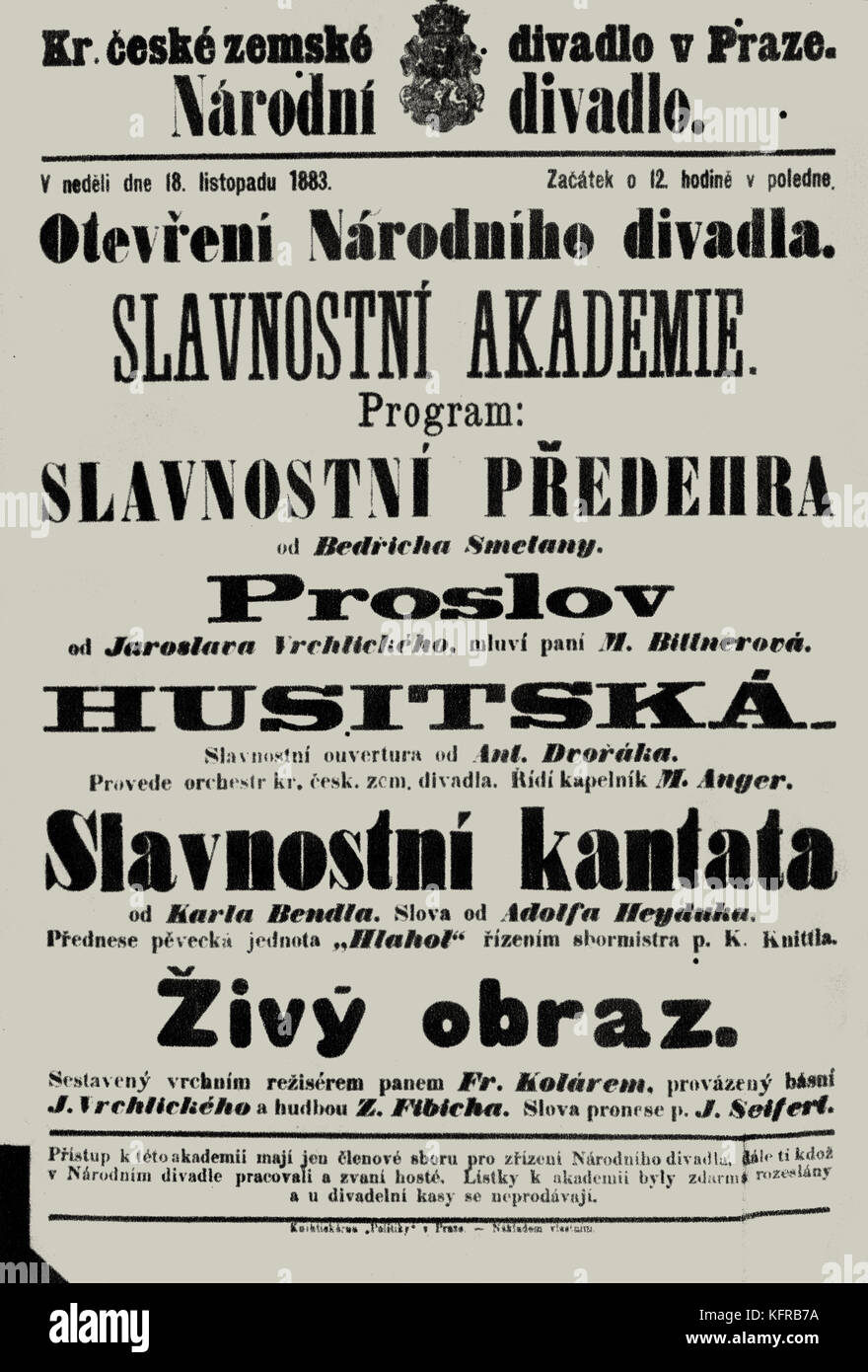 National Theatre, Prague, inaugural concert programme, 1883. Programme of the inaugural concert with which the National Theatre was opened, 18 November 1883. Stock Photo