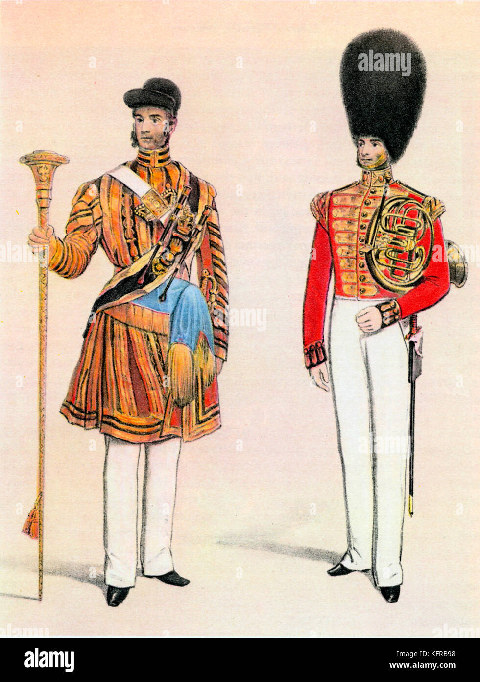 Drum Major and Bandsman of the Grenadier Guards - 18th century French military band. Lithograph after B. Clayton. Stock Photo