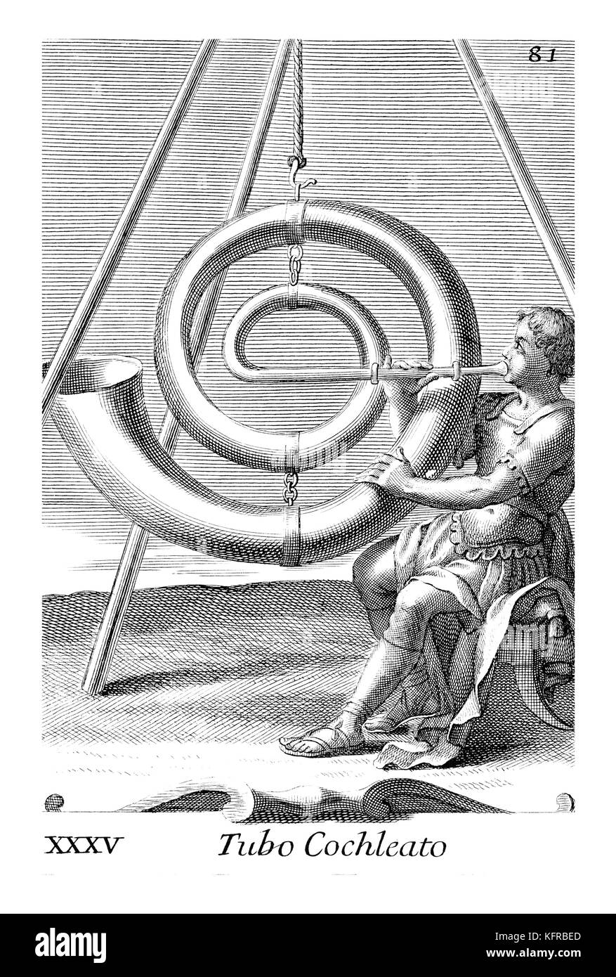 'Voice amplifier' - large elliptical tube for magnifying the sound of voice. Illustration from Filippo Bonanni's  'Gabinetto Armonico'  published in 1723, Illustration 35. Engraving by Arnold van Westerhout.Caption reads Tubo Cochleato. This instrument may never have existed. Stock Photo
