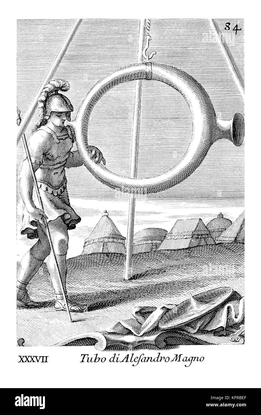 'Horn of Alexander the Great'. Illustration from Filippo Bonanni's  'Gabinetto Armonico'  published in 1723, Illustration 37. Engraving by Arnold van Westerhout.Caption reads Tubo di Alesandro Magno. Stock Photo