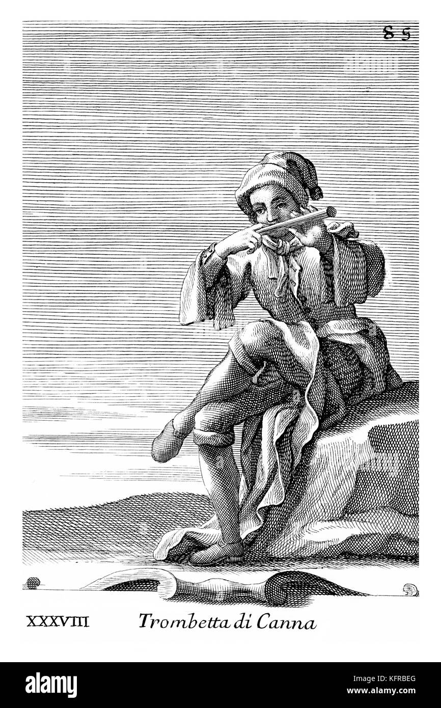 Boy playing a buzzer made of cane. Illustration from Filippo Bonanni's  'Gabinetto Armonico'  published in 1723, Illustration 38. Engraving by Arnold van Westerhout.Caption reads Trobetta di Canna. Stock Photo