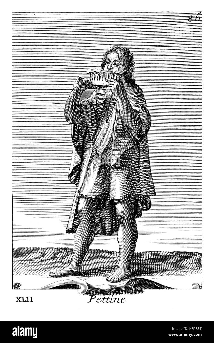 Boy making music with comb and paper. Illustration from Filippo Bonanni's  'Gabinetto Armonico'  published in 1723, Illustration 42. Engraving by Arnold van Westerhout. Caption reads Pettine Stock Photo