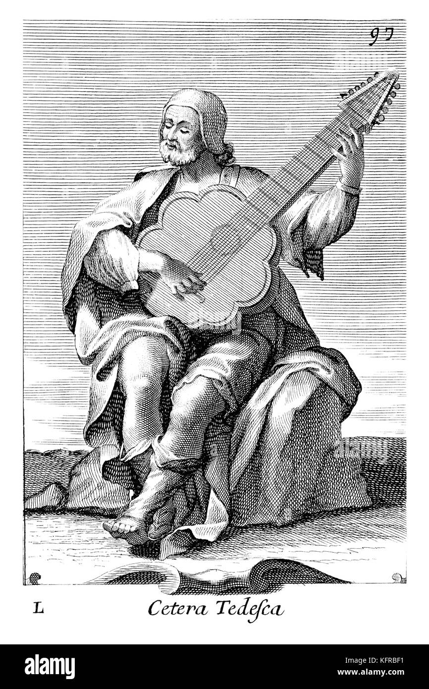 Man playing Bandora (or German Cittern) - bass instrument of the cittern type. Illustration from Filippo Bonanni's  'Gabinetto Armonico'  published in 1723, Illustration 50. Engraving by Arnold van Westerhout. Caption reads Cetera Tedesca Stock Photo