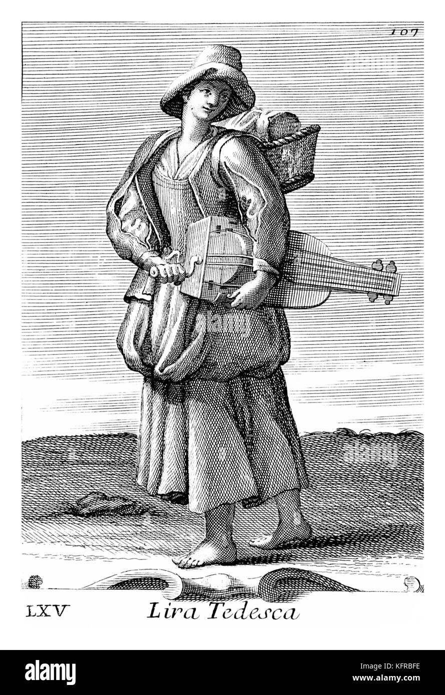 Woman playing a hurdy-gurdy - stringed musical instrument that produces sound by a wheel rubbing against the strings. Illustration from Filippo Bonanni's  'Gabinetto Armonico'  published in 1723, Illustration 65. Engraving by Arnold van Westerhout. Caption reads Lira Tedesca. Stock Photo