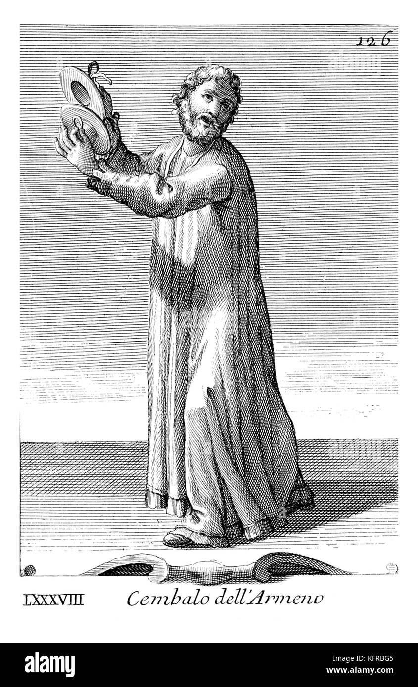 Cembalo dell' Armeno - flat cymbals (Armenia). Held by strings. Illustration from Filippo Bonanni's  'Gabinetto Armonico'  published in 1723, Illustration 88. Caption: 'Cembalo dell'Armeno'. Engraving by Arnold van  Westerhout. Stock Photo