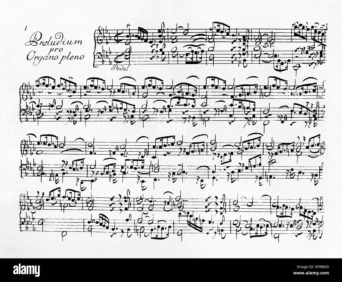 Johann Sebastian Bach: Score page of Praludium pro Organo Pleno from third volume of Clavier Ubung.the Präludium opens the Clavier Ubung and the Fugue in Es dur closes it. .  J S Bach, c.1735.  German composer & organist, 21 March 1685 - 28 July 1750 Stock Photo