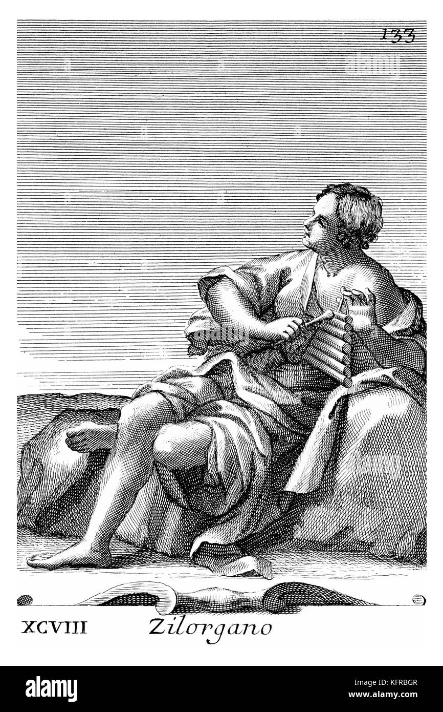 Zilorgano - Xylophone. Illustration from Filippo Bonanni's  'Gabinetto Armonico'  published in 1723, Illustration 98. Stock Photo