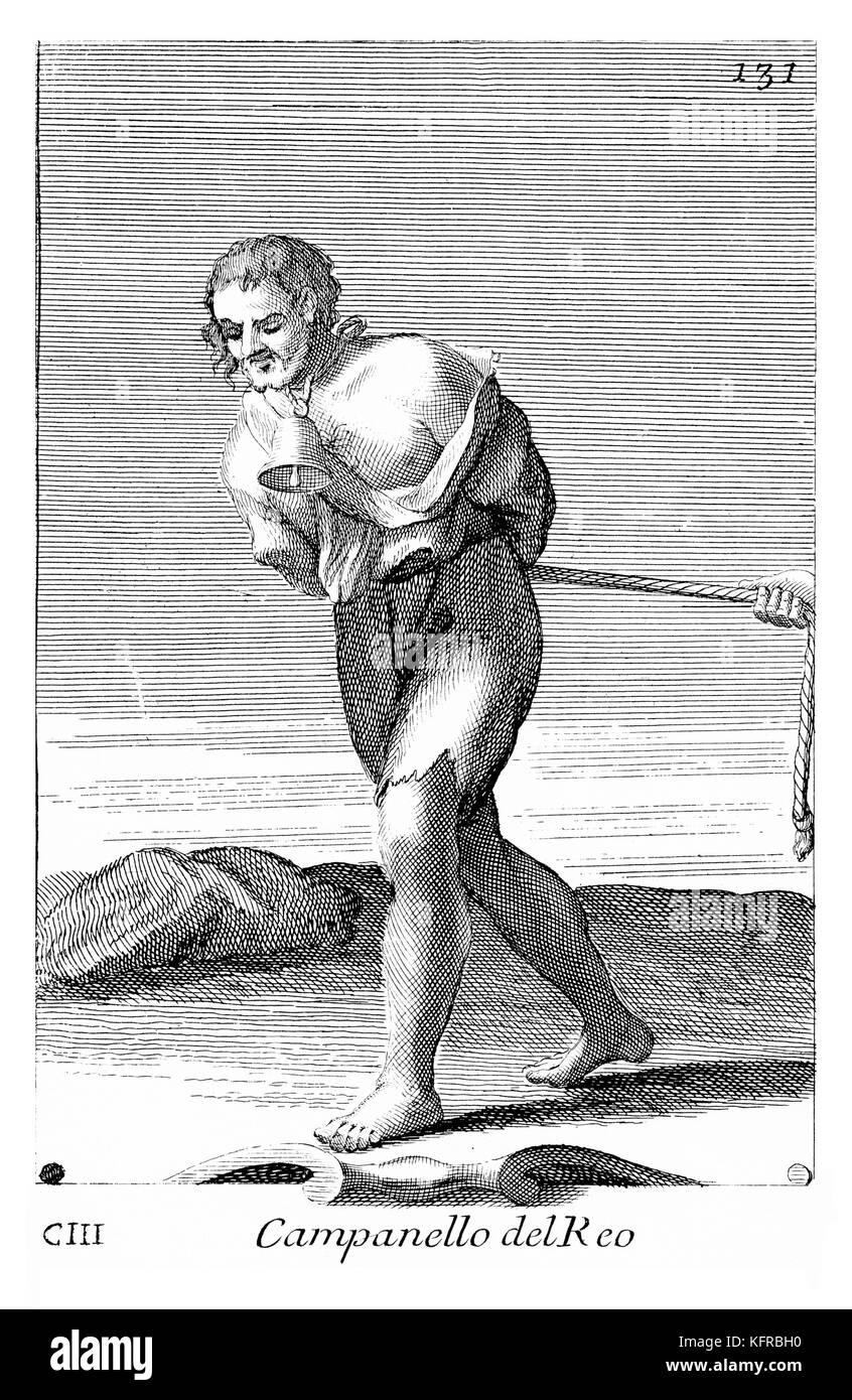 Cambanello del Reo - criminal with bell hung around his neck. Illustration from Filippo Bonanni's  'Gabinetto Armonico'  published in 1723, Illustration 103. Stock Photo