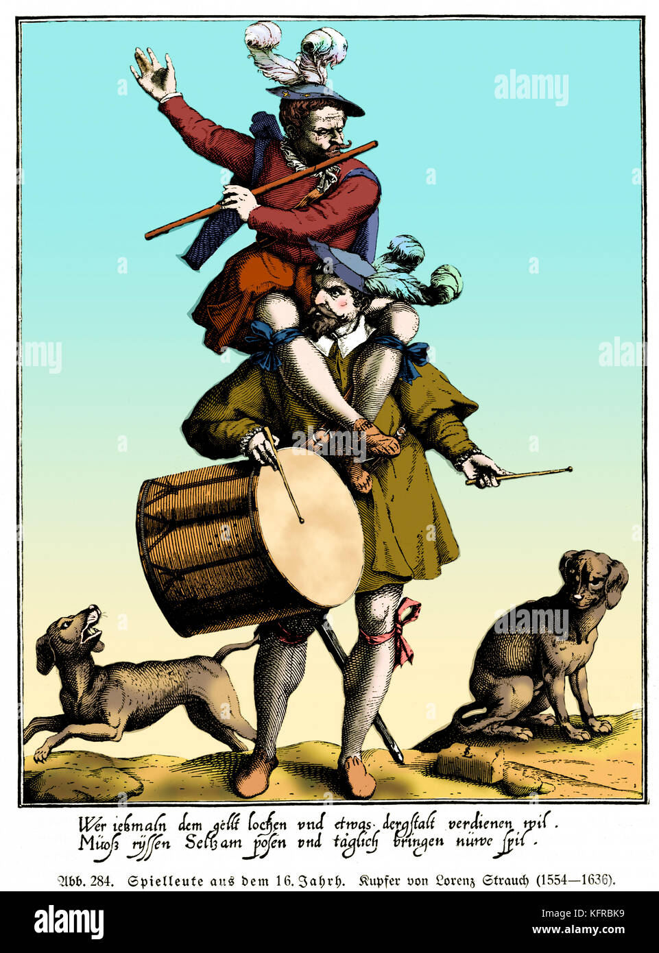 Musicians from the 16th century - one sits on the other's shoulders and plays a wooden flute.  The standing musician is baging a drum.  Two dogs barks at the sound. Woodcut by Lorenz Strauch 1554-1636 Drummer.  Flautist Stock Photo